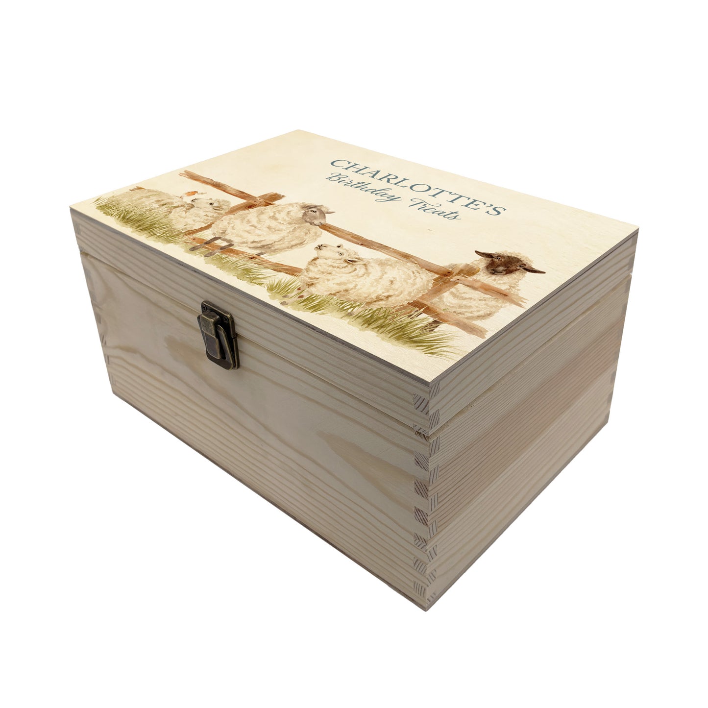 Medium wooden pine gift box, The perfect Personalised keepsake, multipurpose, memory box, storage box with a group of sheep lined up at a fence with a robin sat on the edge. The design features our classic gentle watercolour style. The best was to offer a truly unique gift for a loved one.