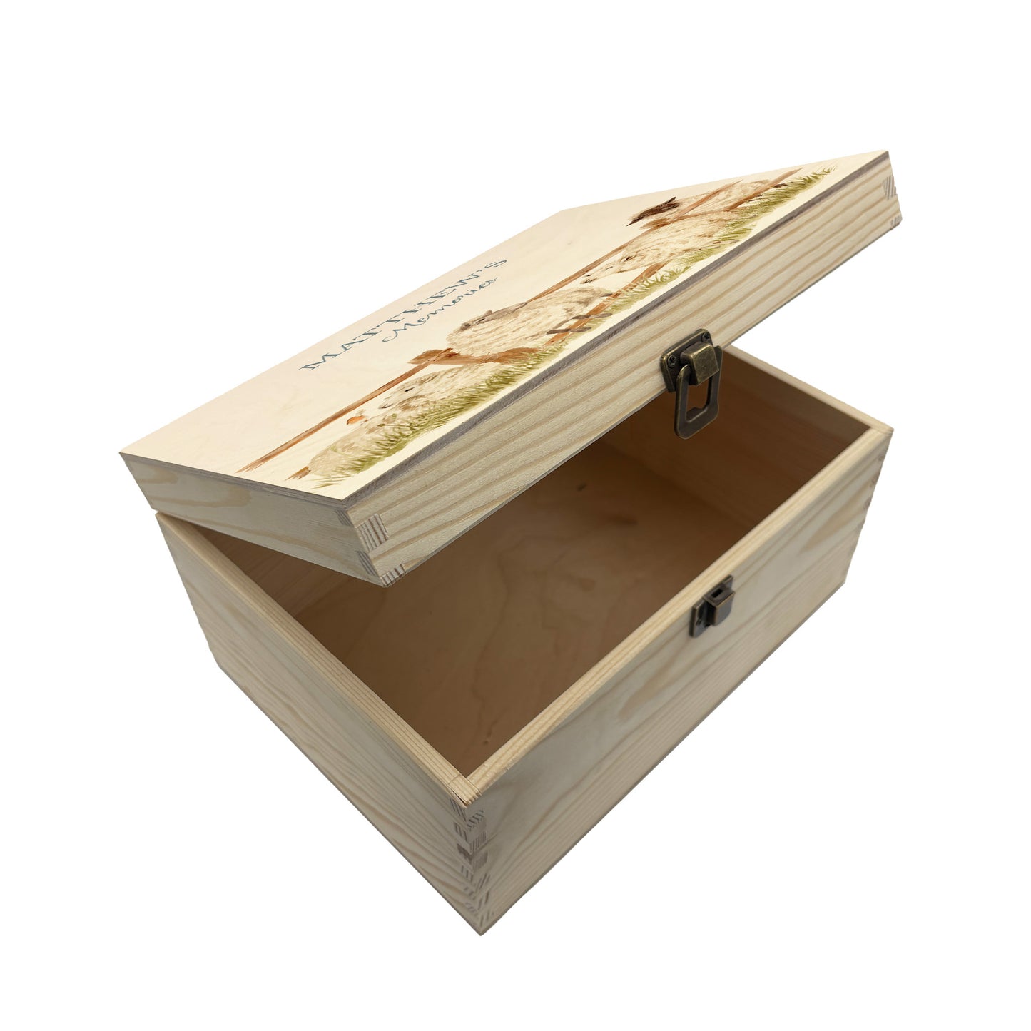 Medium wooden pine gift box, The perfect Personalised keepsake, multipurpose, memory box, storage box with a group of sheep lined up at a fence with a robin sat on the edge. The design features our classic gentle watercolour style. The best was to offer a truly unique gift for a loved one.