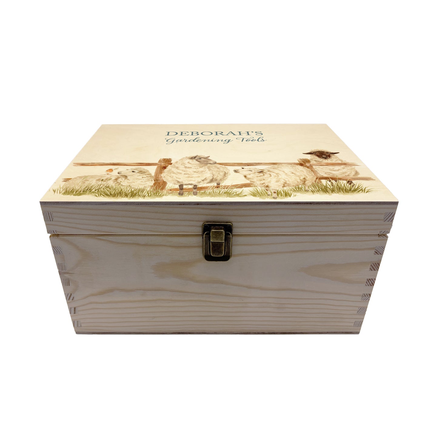 Medium wooden pine gift box, The perfect Personalised keepsake, multipurpose, memory box, storage box with a group of sheep lined up at a fence with a robin sat on the edge. The design features our classic gentle watercolour style. The best was to offer a truly unique gift for a loved one.