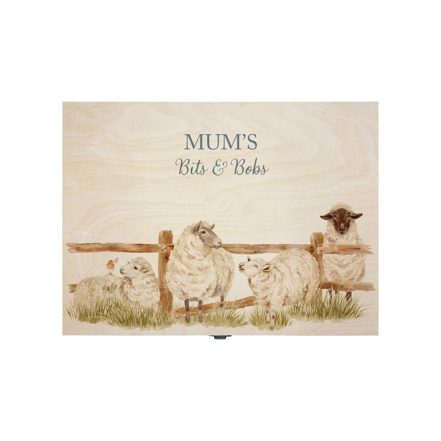 Medium wooden pine gift box, The perfect Personalised keepsake, multipurpose, memory box, storage box with a group of sheep lined up at a fence with a robin sat on the edge. The design features our classic gentle watercolour style. The best was to offer a truly unique gift for a loved one.