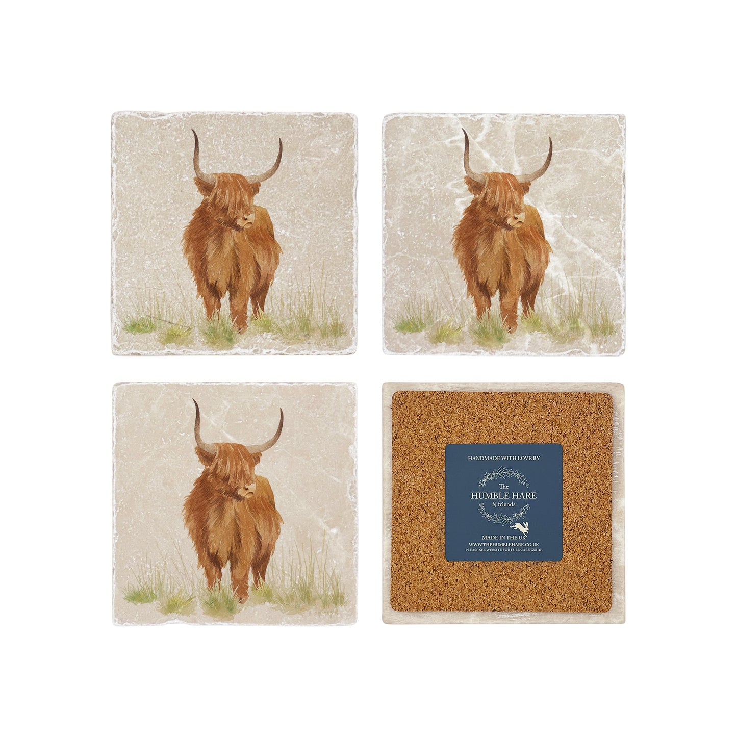 A set of 4 square marble coasters, featuring a watercolour design of a highland cow. One coaster is flipped to show that the coasters are backed with cork.