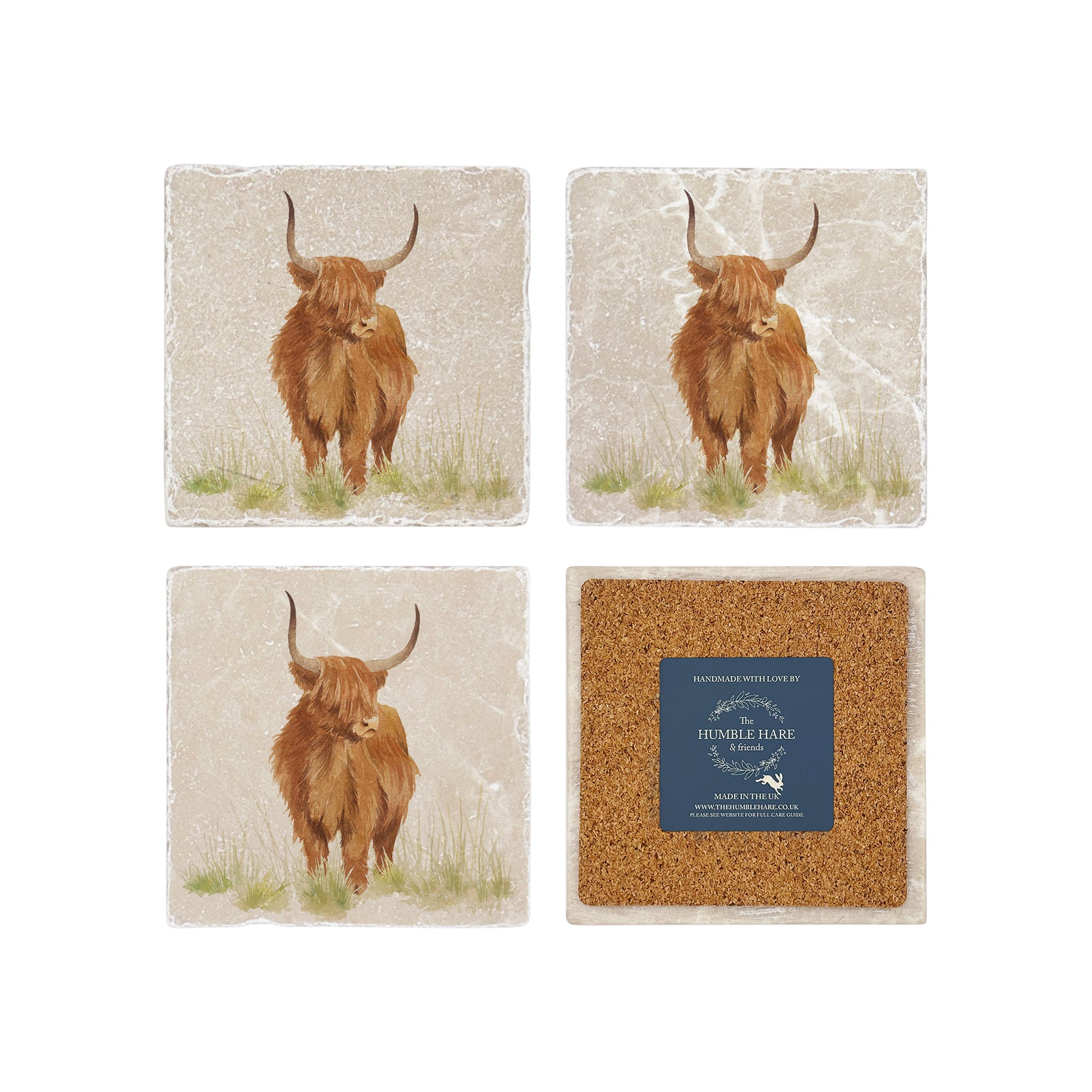 A set of 4 square marble coasters, featuring a watercolour design of a highland cow. One coaster is flipped to show that the coasters are backed with cork.