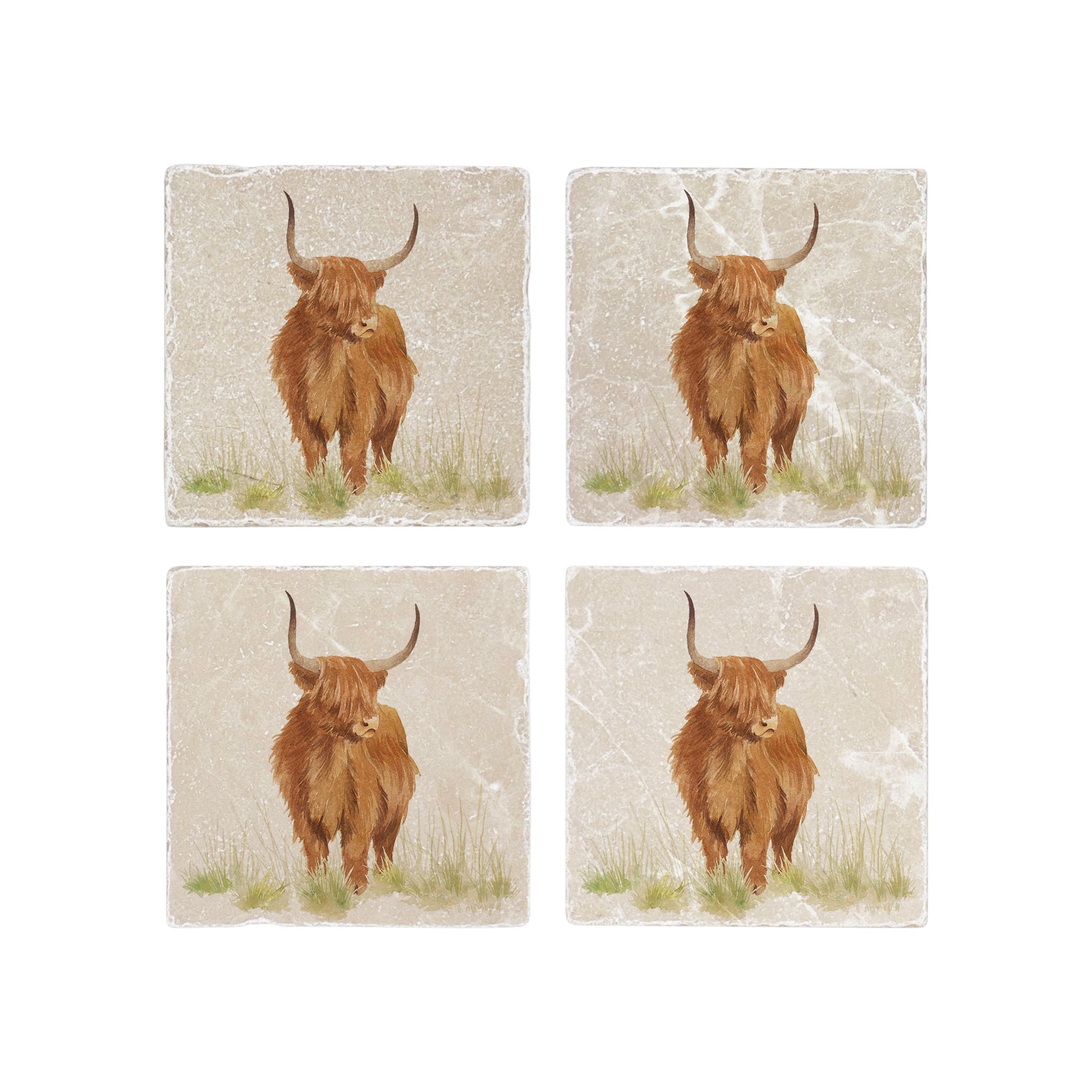 A set of four square marble coasters, featuring a watercolour design of a highland cow standing in a grassy field.