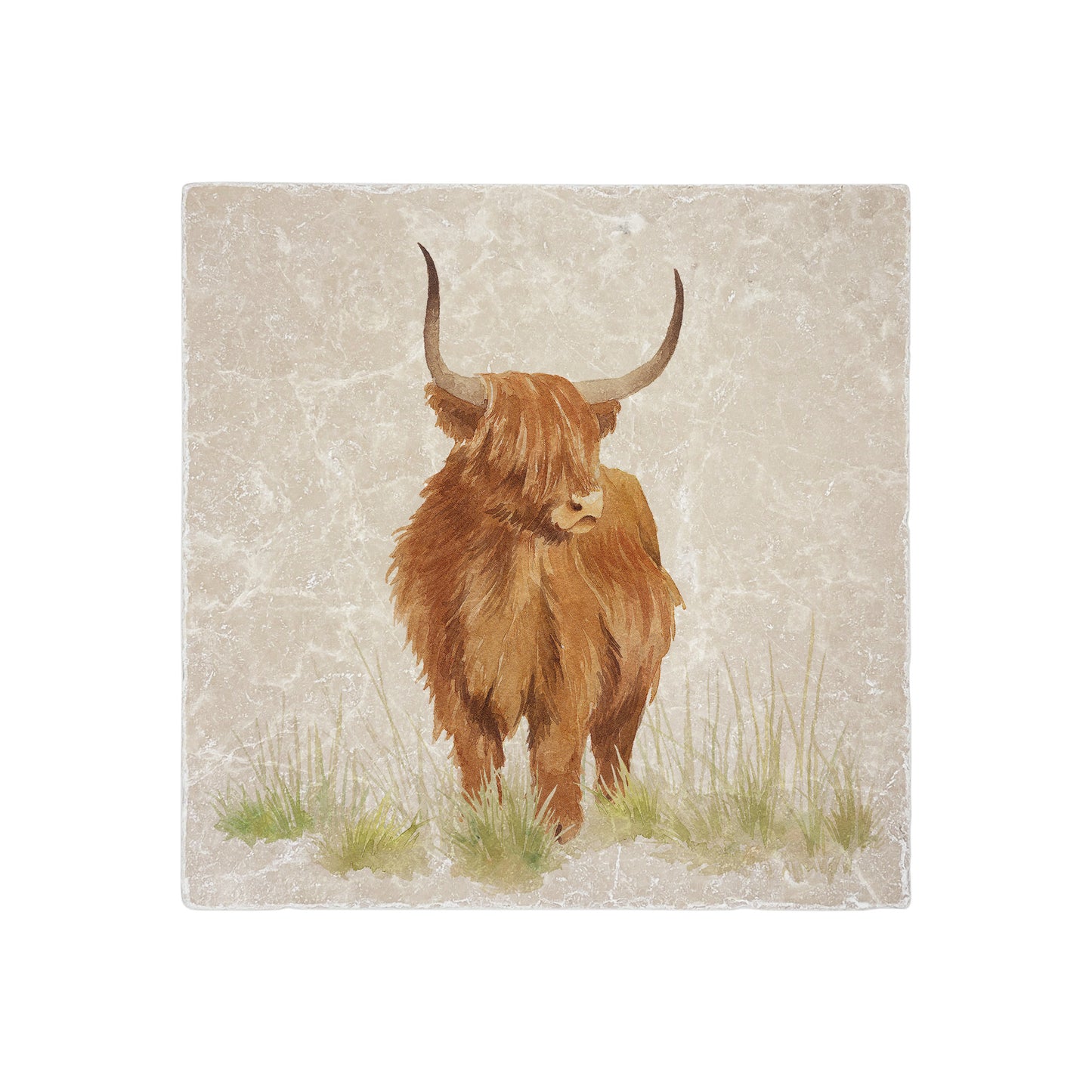 A handmade cream marble splashback tile featuring a watercolour countryside animal design of a highland cow.