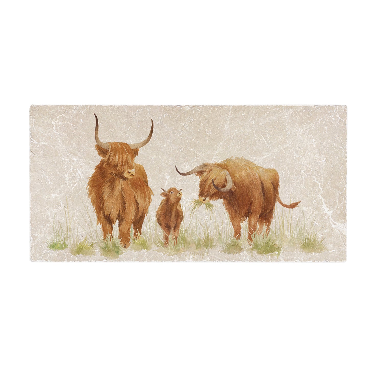 A 20x40cm marble splashback tile, featuring a watercolour design of a highland cow family.