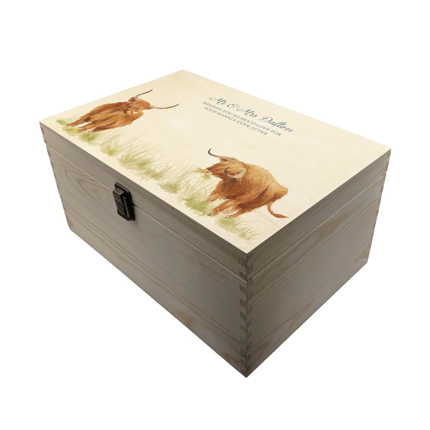 Large wooden pine gift box, The perfect Personalised keepsake, multipurpose, memory box, storage box with two Highland cows in a field. The design features our classic gentle watercolour style. The best was to offer a truly unique gift for a loved one.
