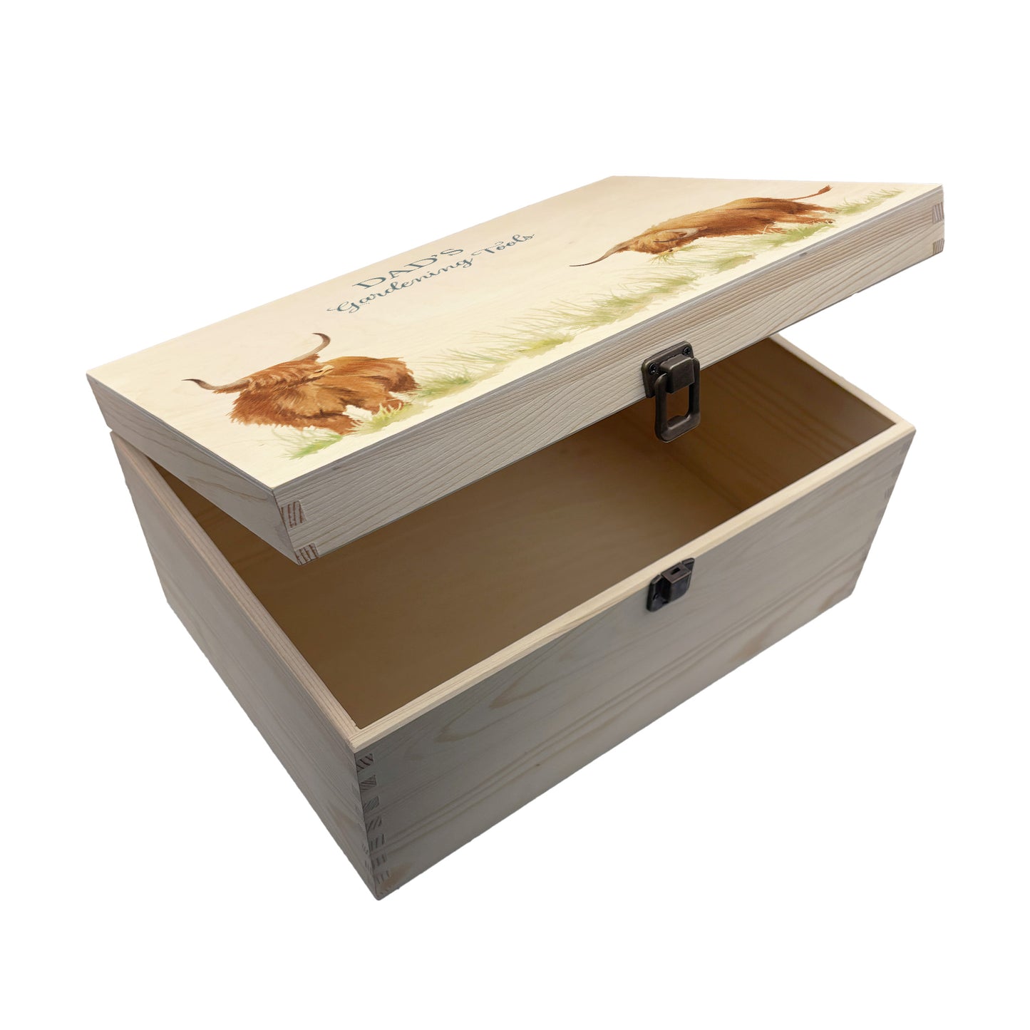 Large wooden pine gift box, The perfect Personalised keepsake, multipurpose, memory box, storage box with two Highland cows in a field. The design features our classic gentle watercolour style. The best was to offer a truly unique gift for a loved one.