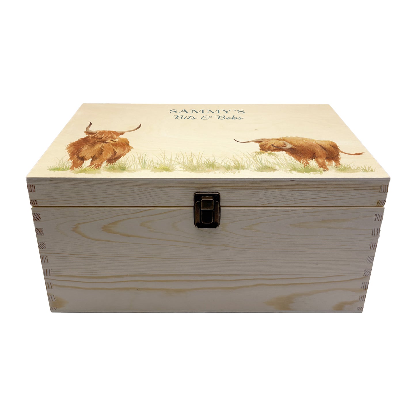 Large wooden pine gift box, The perfect Personalised keepsake, multipurpose, memory box, storage box with two Highland cows in a field. The design features our classic gentle watercolour style. The best was to offer a truly unique gift for a loved one.