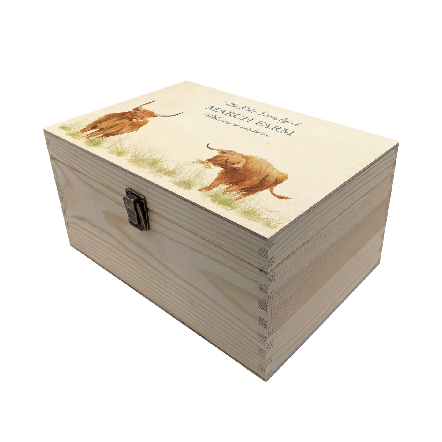 Medium wooden pine gift box, The perfect Personalised keepsake, multipurpose, memory box, storage box with two Highland cows in a field. The design features our classic gentle watercolour style. The best was to offer a truly unique gift for a loved one.