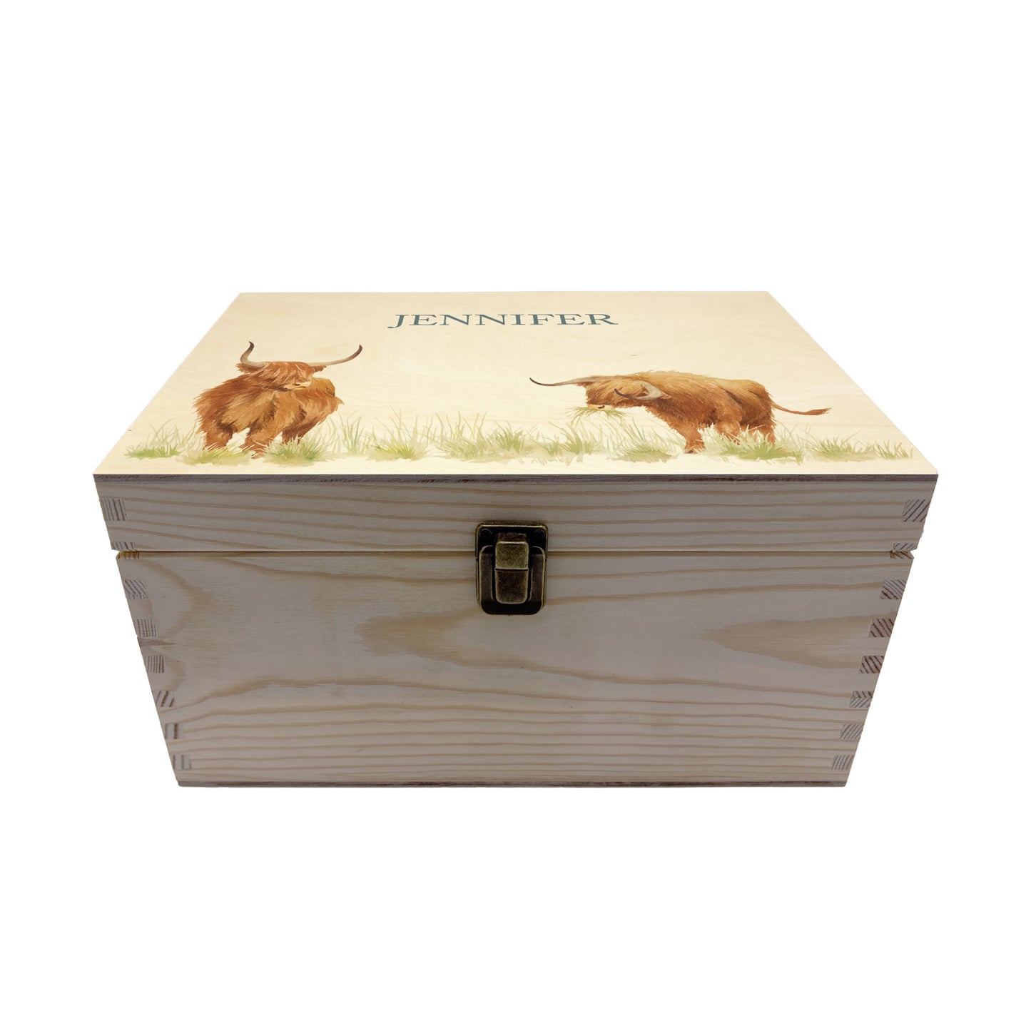 Medium wooden pine gift box, The perfect Personalised keepsake, multipurpose, memory box, storage box with two Highland cows in a field. The design features our classic gentle watercolour style. The best was to offer a truly unique gift for a loved one.