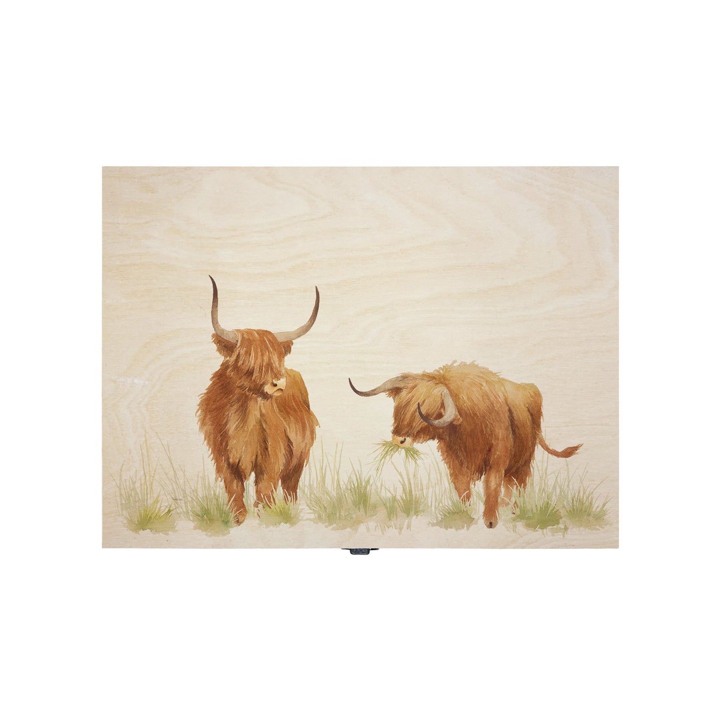 Medium wooden pine gift box, The perfect Personalised keepsake, multipurpose, memory box, storage box with two Highland cows in a field. The design features our classic gentle watercolour style. The best was to offer a truly unique gift for a loved one.