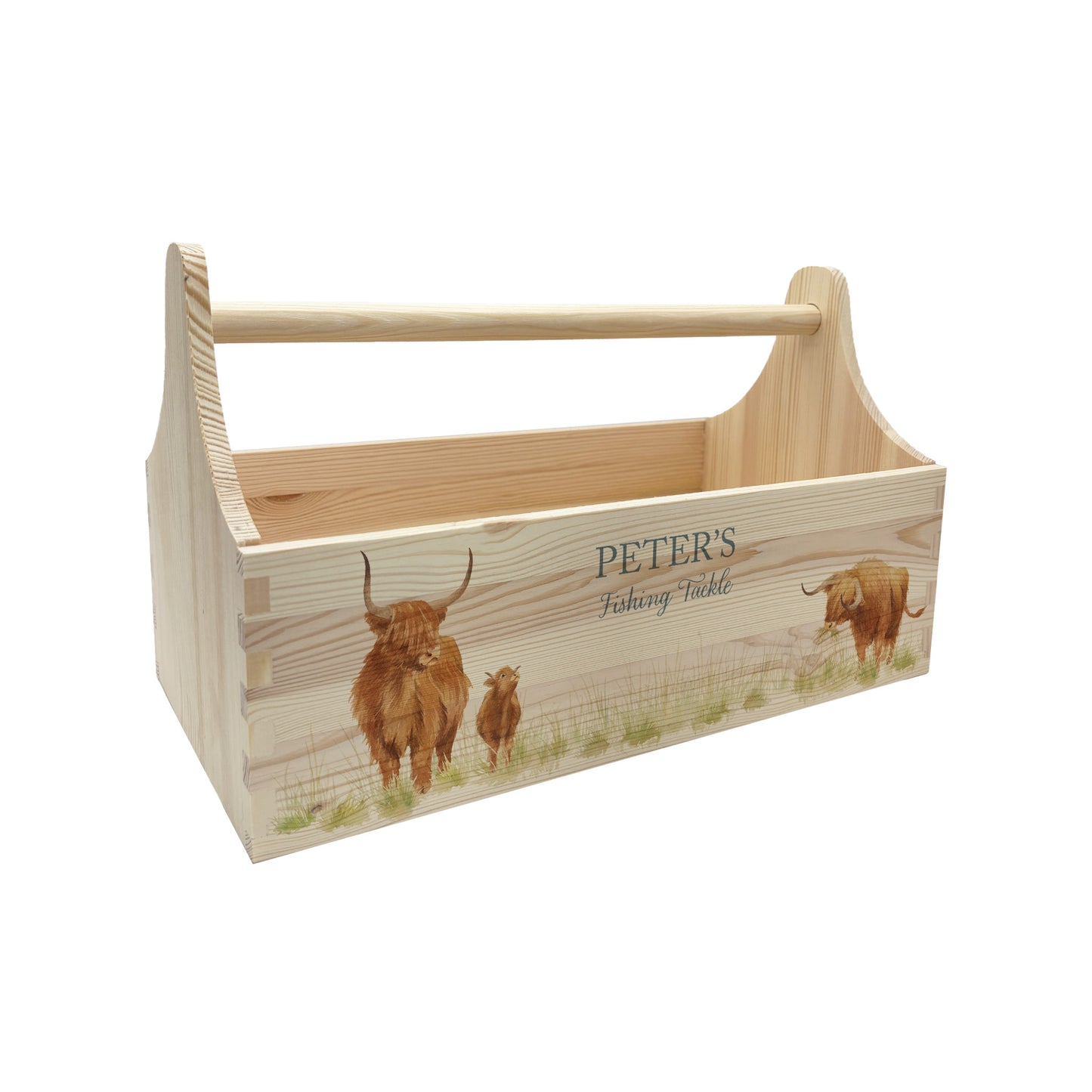 wooden luxury Trug/Caddy the perfect personalised gift. Each product is lovingly designed, handmade with our Countryside inspired watercolour designs. This design features a Highland cow set in a flower bed unique designs for a truly one off special occasion for a loved one.