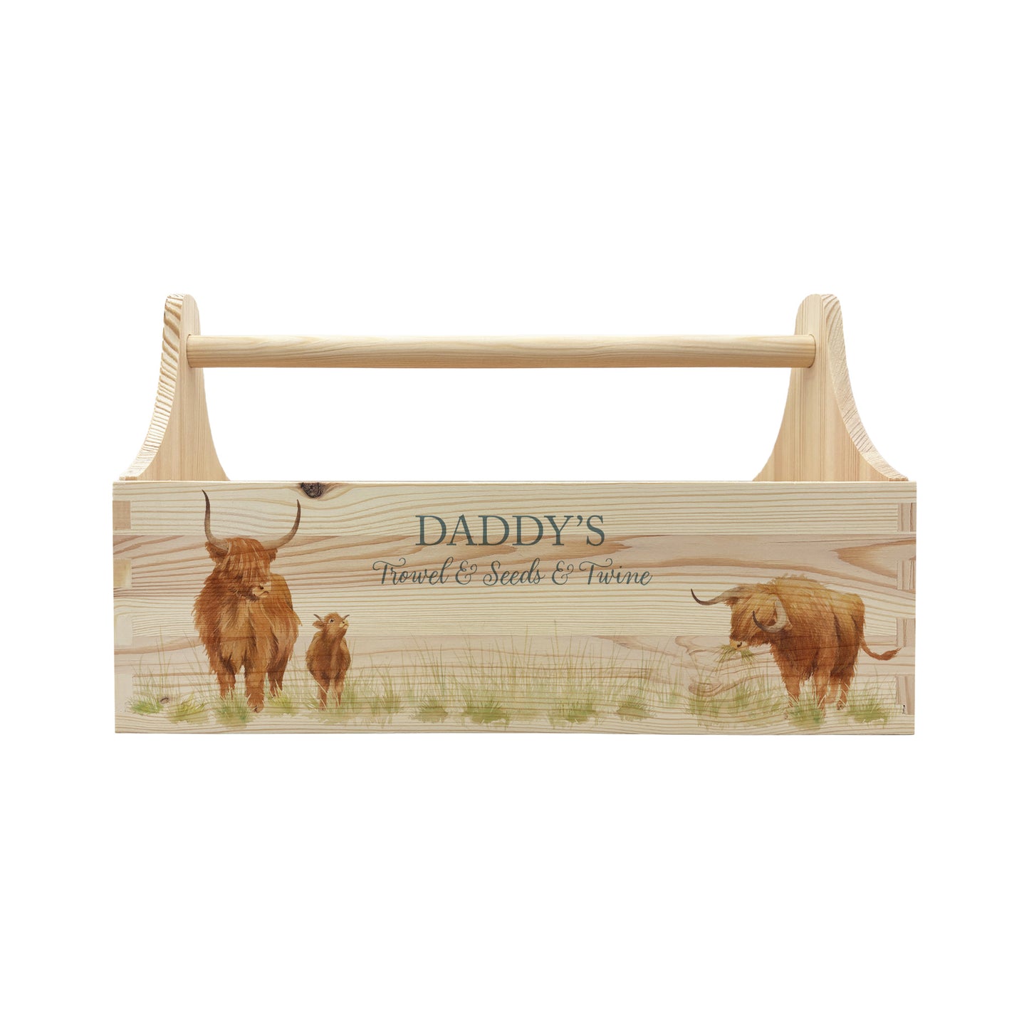 wooden luxury Trug/Caddy the perfect personalised gift. Each product is lovingly designed, handmade with our Countryside inspired watercolour designs. This design features a Highland cow set in a flower bed unique designs for a truly one off special occasion for a loved one.