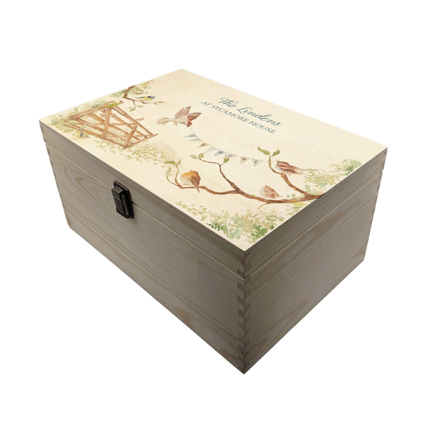 This Large sized wooden pine New home gift box can be filled with special gifts as a new home special occasion. The Design has a blue tit, robin, wren and sparrow on branches. There is a flying sparrow carrying a new home bunting. There is also a beautiful wooden gate opening to symbolise new beginnings with the gate opening. The perfect keepsake for a loved one.