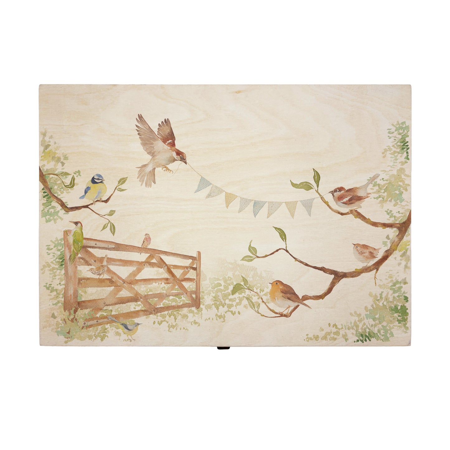 This Large sized wooden pine New home gift box can be filled with special gifts as a new home special occasion. The Design has a blue tit, robin, wren and sparrow on branches. There is a flying sparrow carrying a new home bunting. There is also a beautiful wooden gate opening to symbolise new beginnings with the gate opening. The perfect keepsake for a loved one.