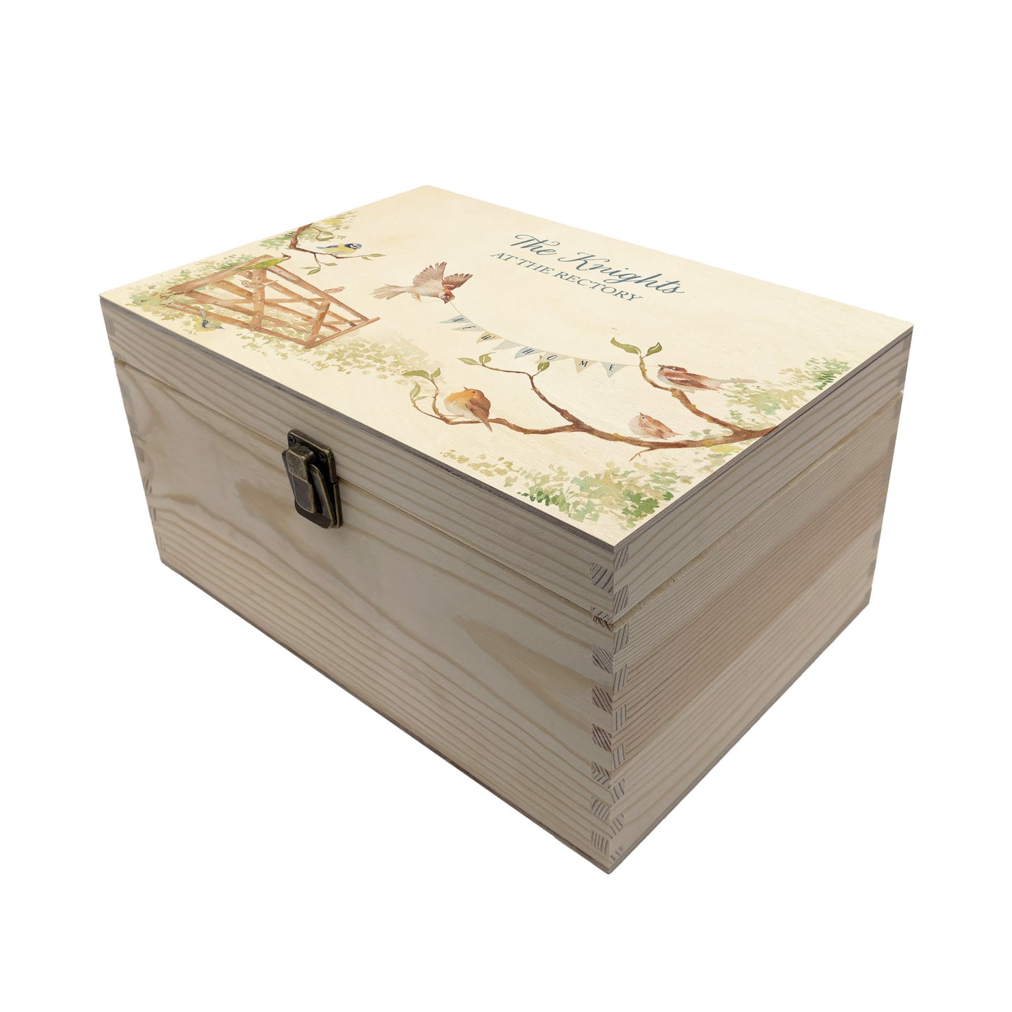 This medium sized wooden pine New home gift box can be filled with special gifts as a new home special occasion. The Design has a blue tit, robin, wren and sparrow on branches. There is a flying sparrow carrying a new home bunting. There is also a beautiful wooden gate opening to symbolise new beginnings with the gate opening. The perfect keepsake for a loved one.