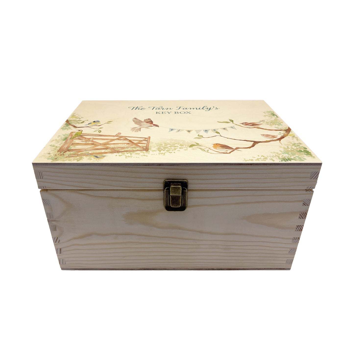 This medium sized wooden pine New home gift box can be filled with special gifts as a new home special occasion. The Design has a blue tit, robin, wren and sparrow on branches. There is a flying sparrow carrying a new home bunting. There is also a beautiful wooden gate opening to symbolise new beginnings with the gate opening. The perfect keepsake for a loved one.