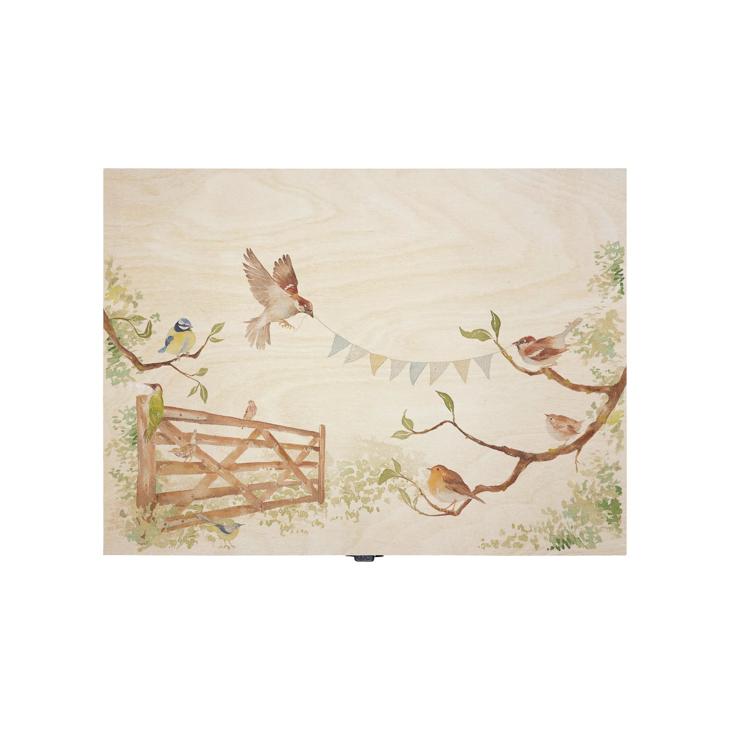 This medium sized wooden pine New home gift box can be filled with special gifts as a new home special occasion. The Design has a blue tit, robin, wren and sparrow on branches. There is a flying sparrow carrying a new home bunting. There is also a beautiful wooden gate opening to symbolise new beginnings with the gate opening. The perfect keepsake for a loved one.