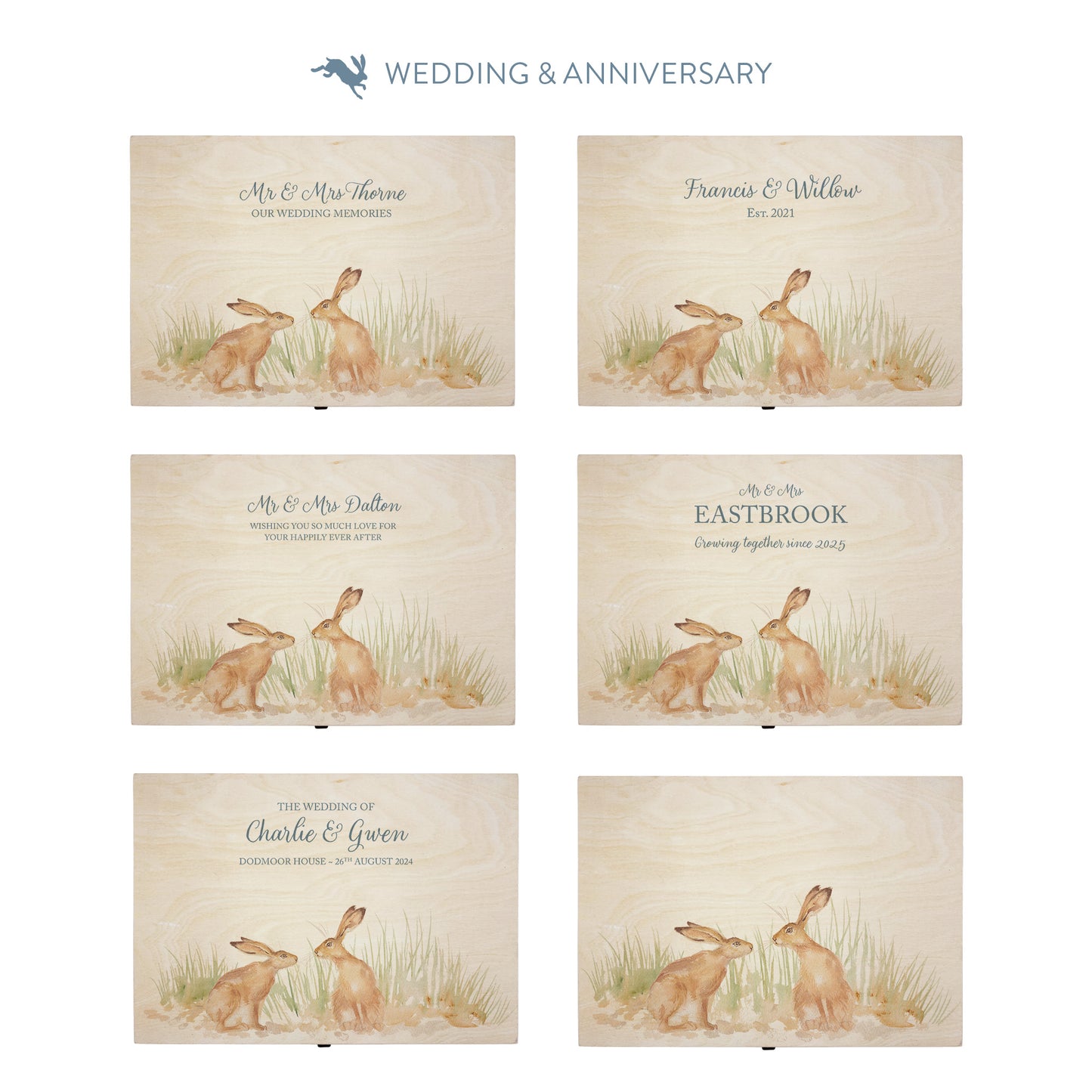 This shows our beautiful Large wooden & anniversary gift box with the various personalisation options you can choose to offer a truly customised present for a loved one. Couples names, Mr & Mrs, dates the options are endless.