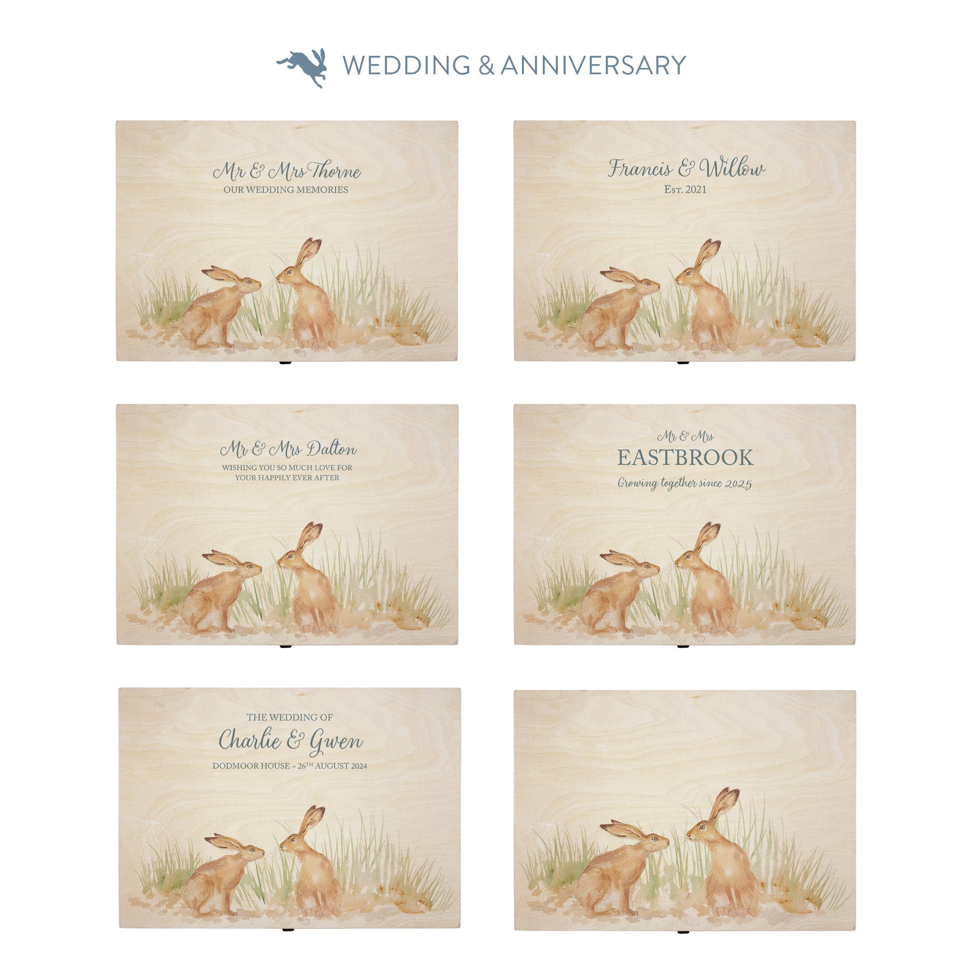 This shows our beautiful Large wooden & anniversary gift box with the various personalisation options you can choose to offer a truly customised present for a loved one. Couples names, Mr & Mrs, dates the options are endless.
