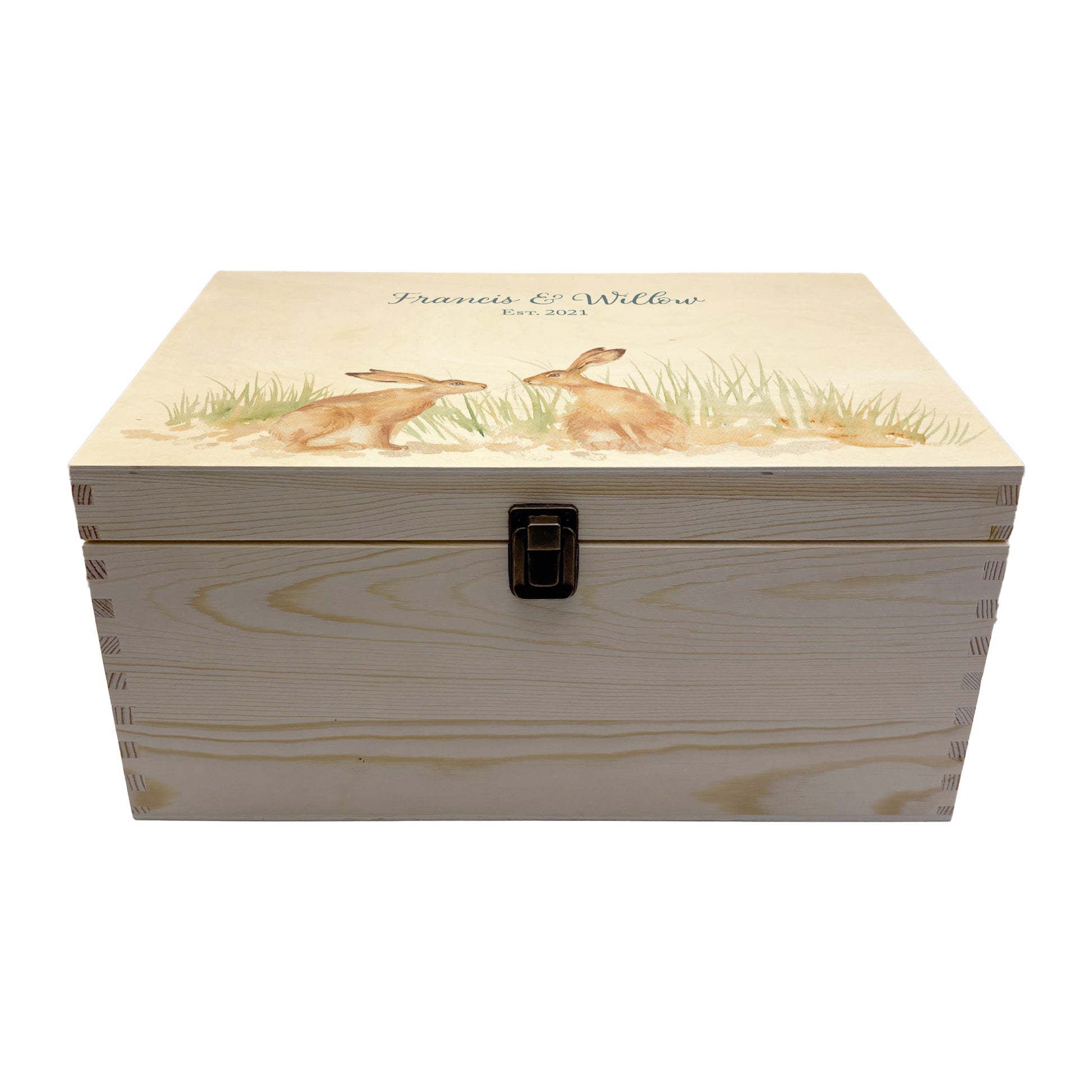 Large wooden pine memory/wedding/anniversary gift box featuring a dreamy watercolour illustration of two Hares side-by-side, perfect for celebrating a lasting bond.
