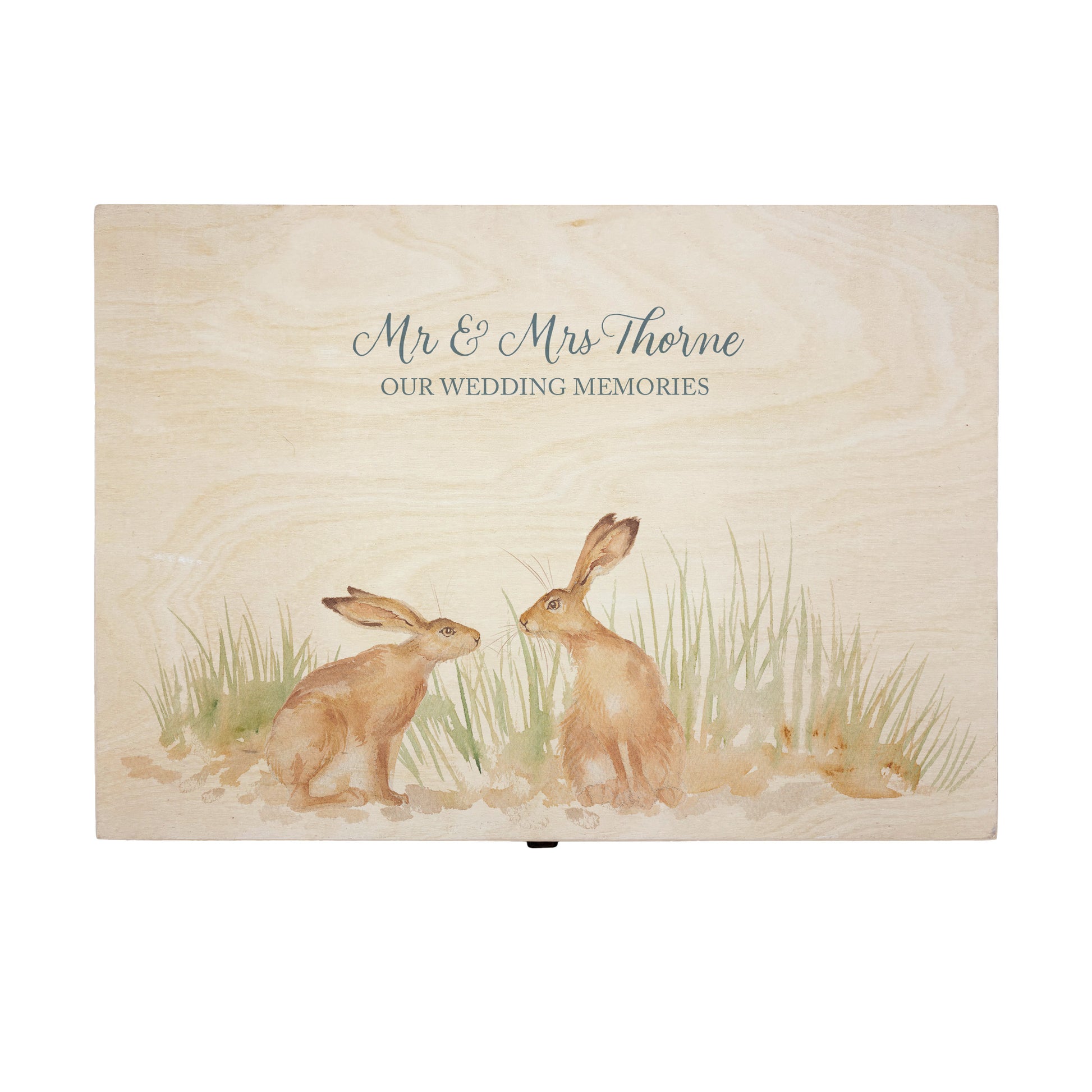 Large wooden pine memory/wedding/anniversary gift box featuring a dreamy watercolour illustration of two Hares side-by-side, perfect for celebrating a lasting bond.