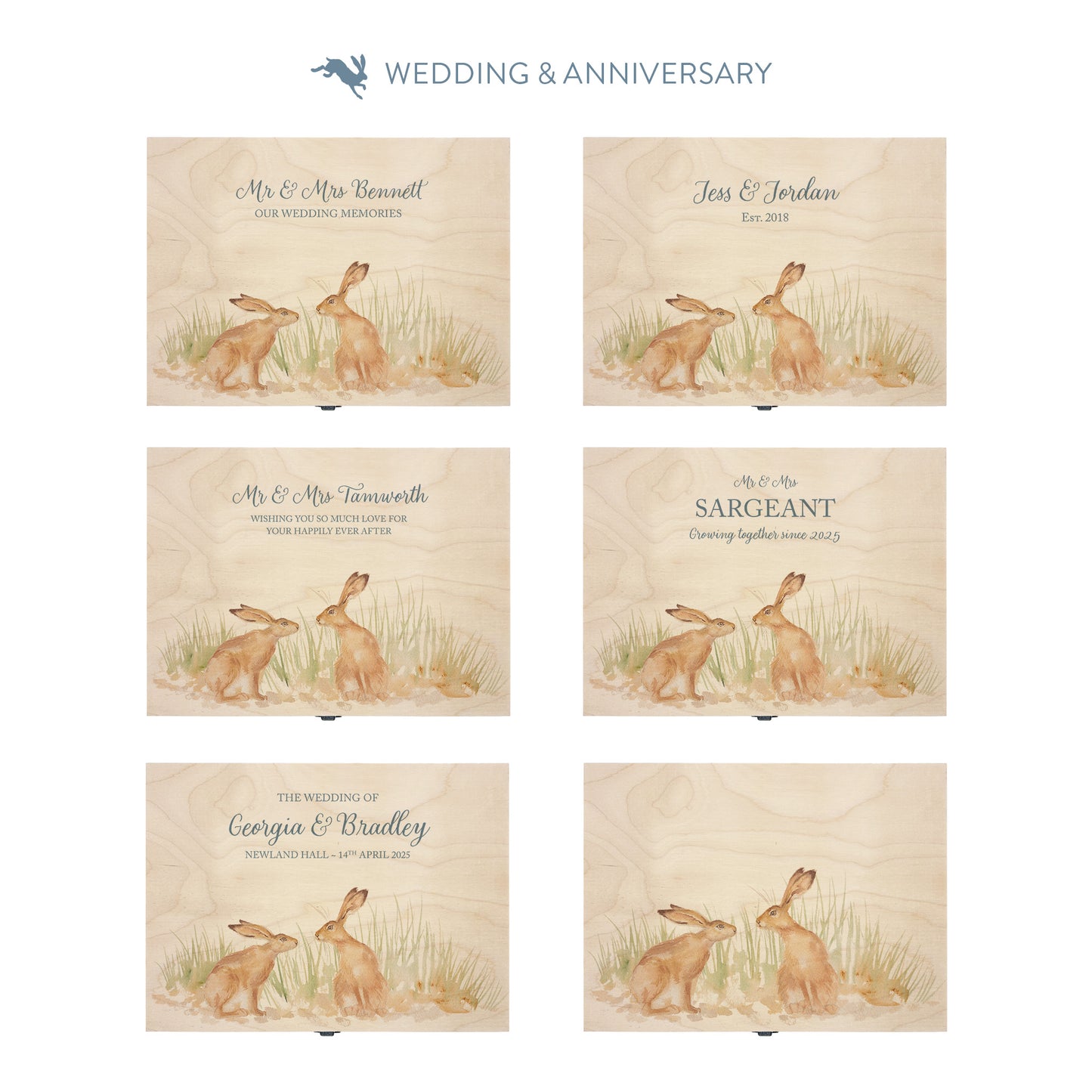 This shows our beautiful Large wooden & anniversary gift box with the various personalisation options you can choose to offer a truly customised present for a loved one. Couples names, Mr & Mrs, dates the options are endless.