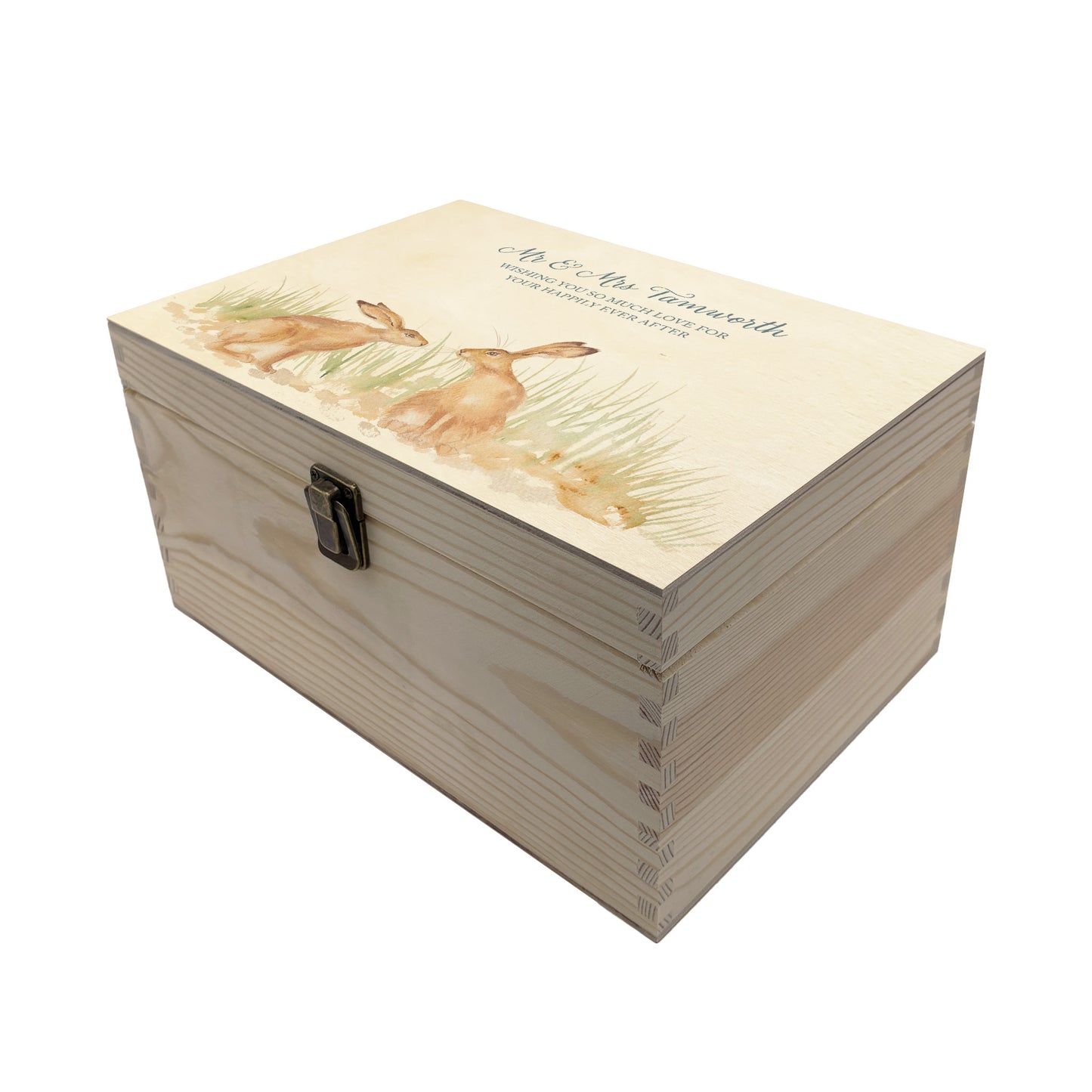 Medium wooden pine memory/wedding/anniversary gift box featuring a dreamy watercolour illustration of two Hares side-by-side, perfect for celebrating a lasting bond.
