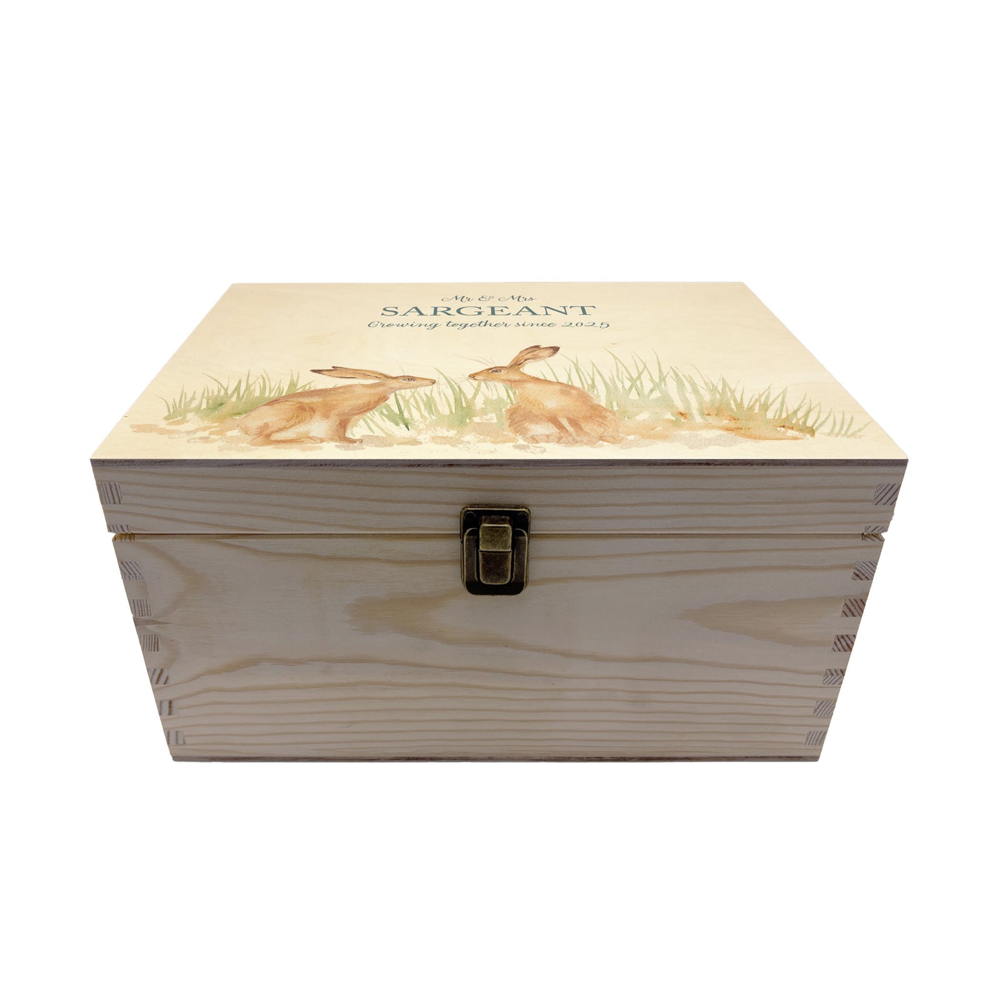 Medium wooden pine memory/wedding/anniversary gift box featuring a dreamy watercolour illustration of two Hares side-by-side, perfect for celebrating a lasting bond.