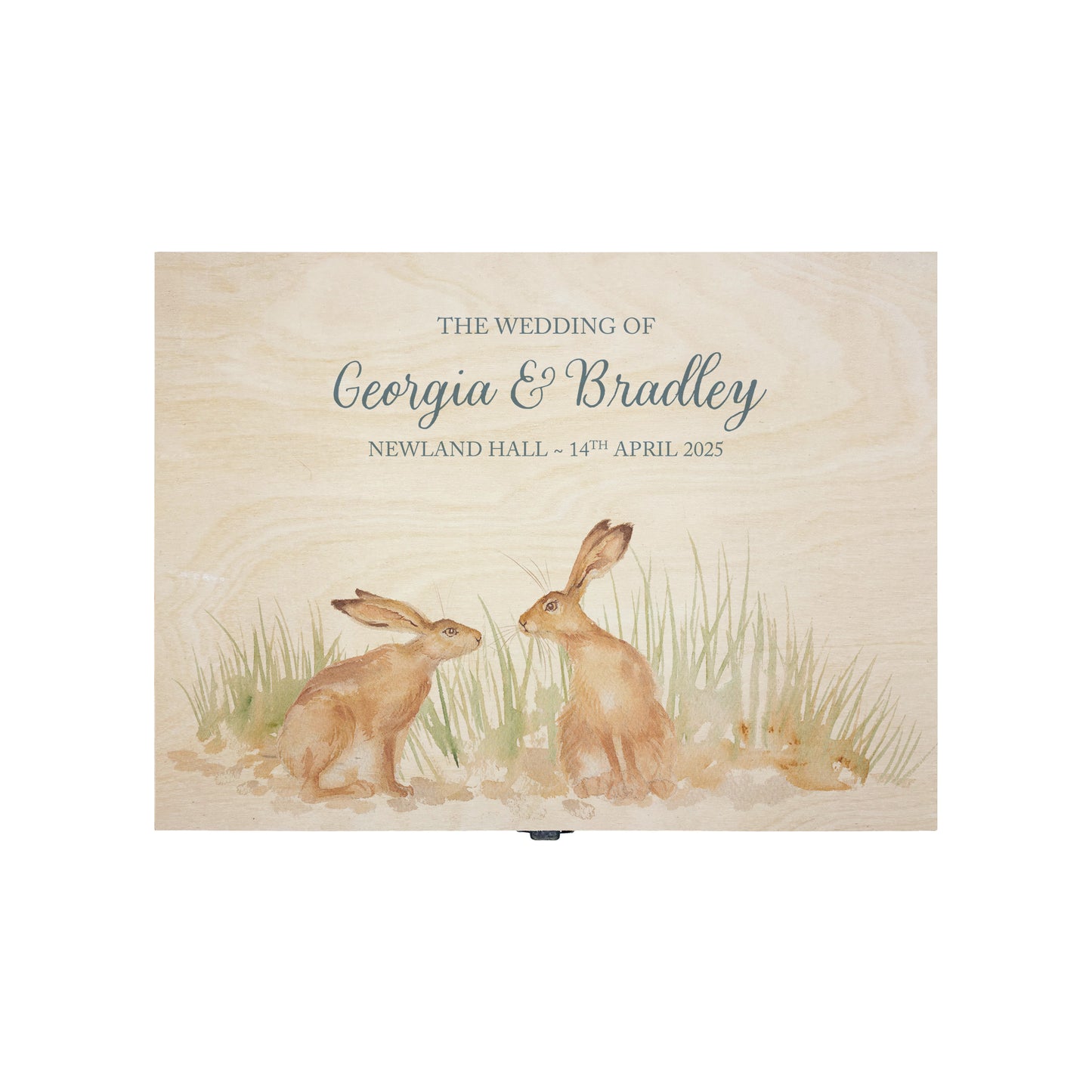 Medium wooden pine memory/wedding/anniversary gift box featuring a dreamy watercolour illustration of two Hares side-by-side, perfect for celebrating a lasting bond.