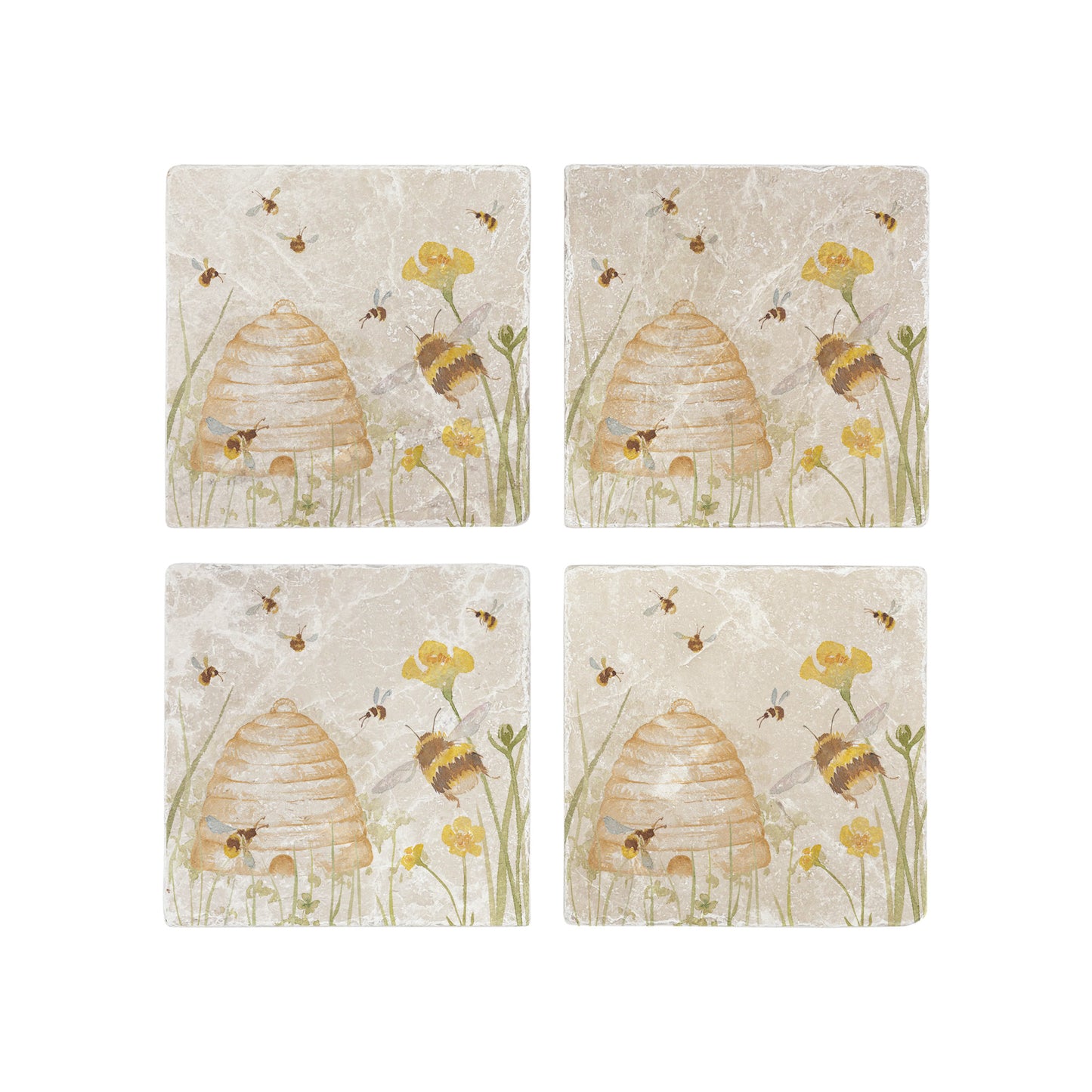 A set of 4 square marble coasters, featuring a watercolour design of bees and a beehive in a buttercup meadow.