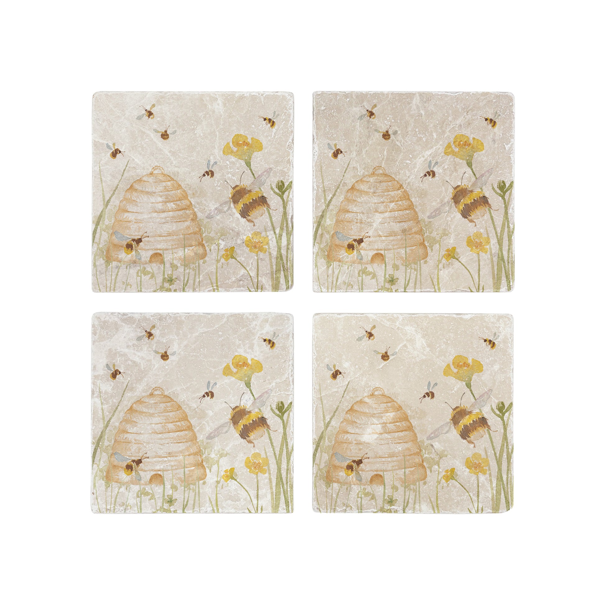 A set of 4 square marble coasters, featuring a watercolour design of bees and a beehive in a buttercup meadow.