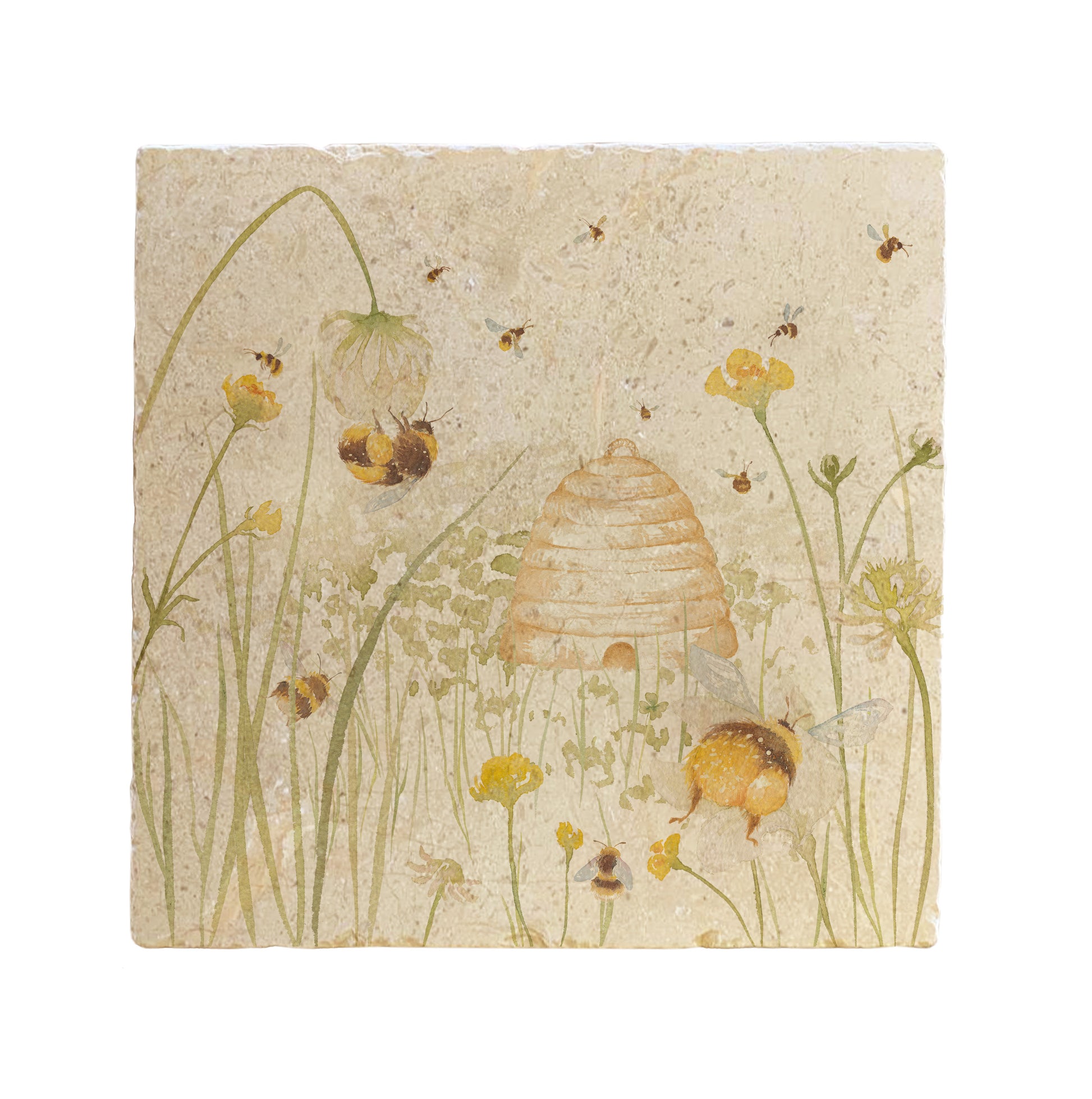 A square cream marble placemat featuring a watercolour countryside animal design of bees and a beehive in a buttercup meadow.