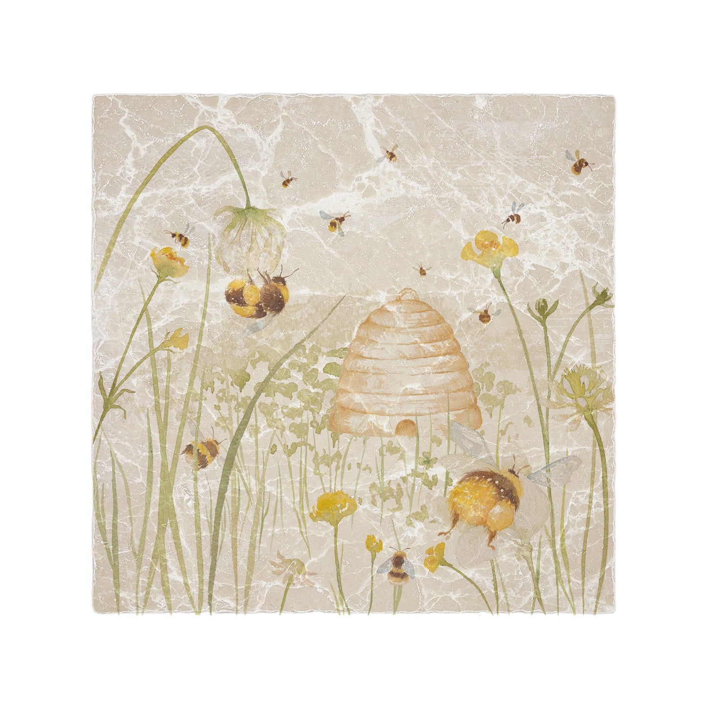 A handmade square cream marble splashback tile featuring a watercolour design showing a buttercup meadow full of bumblebees and honey bees around their beehive.