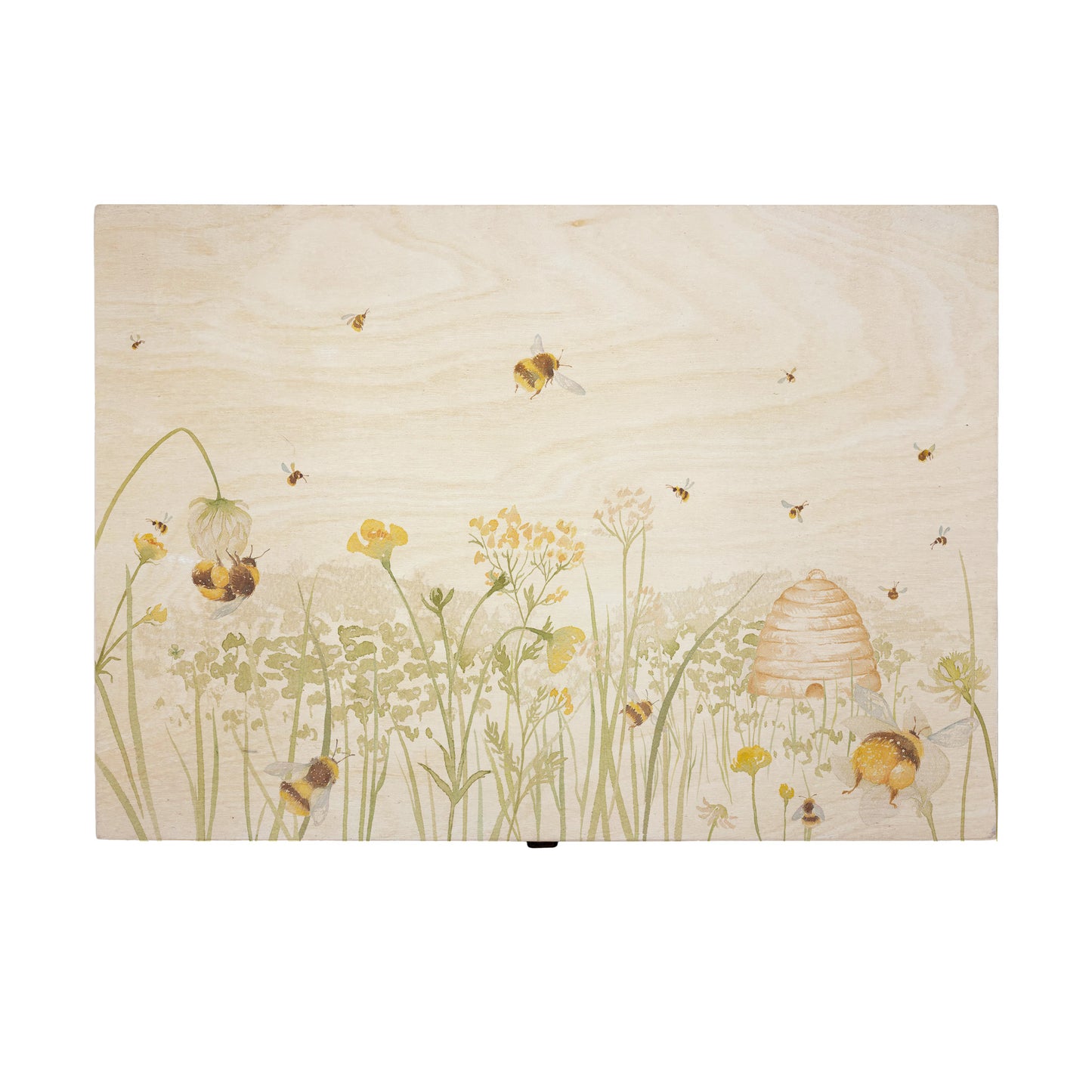 Large wooden pine gift box, The perfect Personalised keepsake, memory box, storage box with lots of Buzzing Bees in a buttercup meadow with an old fashioned bee skep, this gorgeous design is in our classic gentle watercolour style.