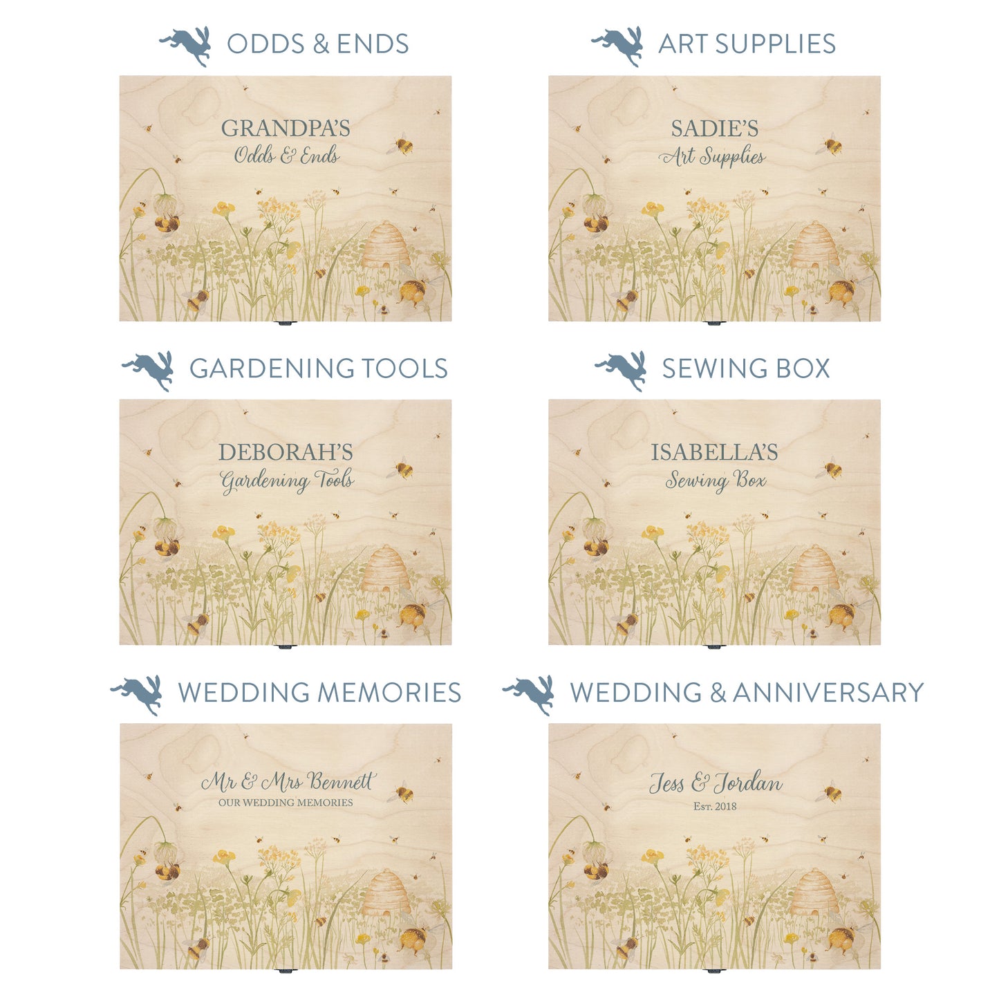 This shows our beautiful Medium wooden  gift box with the various personalisation options you can choose to offer a truly customised present for a loved one. Couples names, memory boxes, keepsakes, photo storage, key boxes the uses are endless.