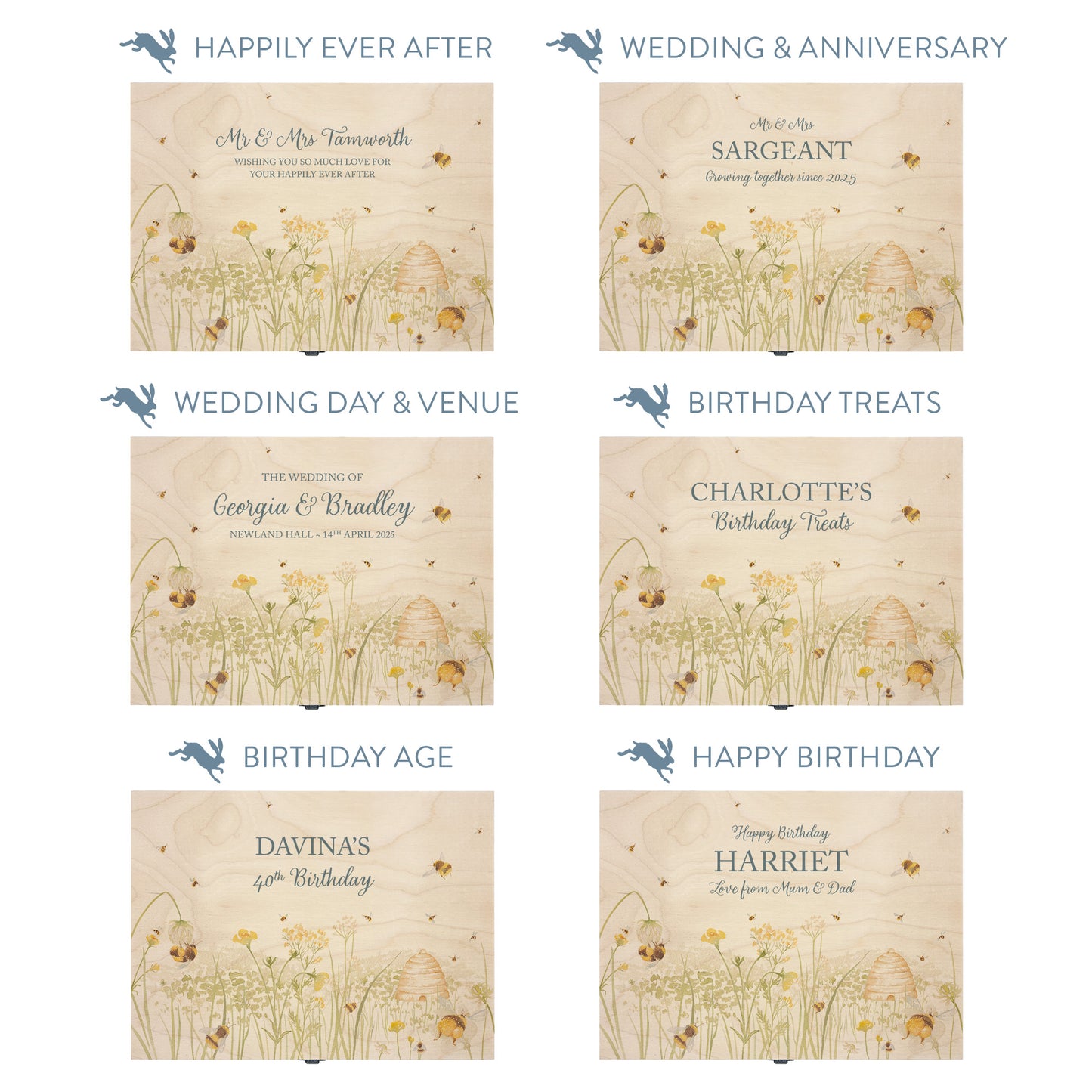 This shows our beautiful Medium wooden  gift box with the various personalisation options you can choose to offer a truly customised present for a loved one. Couples names, memory boxes, keepsakes, photo storage, key boxes the uses are endless.