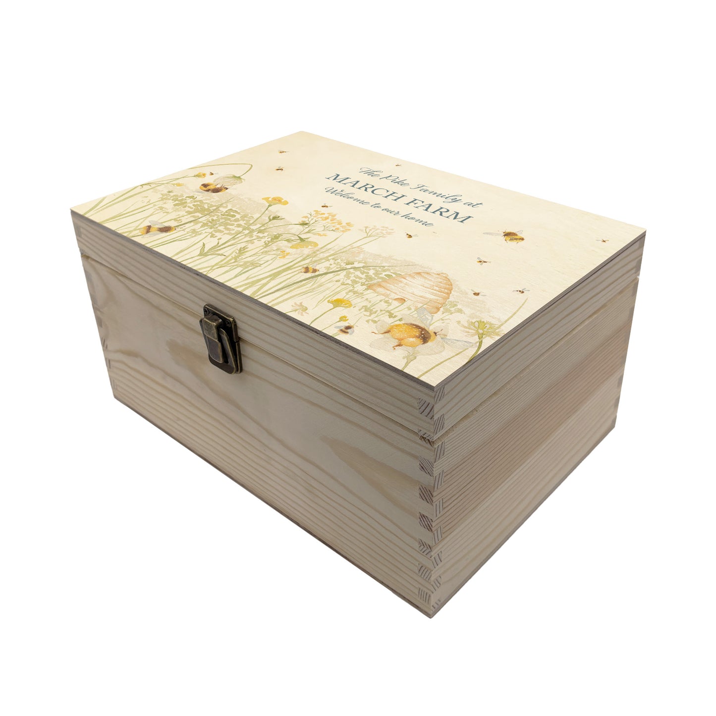 Medium wooden pine gift box, The perfect Personalised keepsake, memory box, storage box with lots of Buzzing Bees in a buttercup meadow with an old fashioned bee skep, this gorgeous design is in our classic  gentle watercolour style.