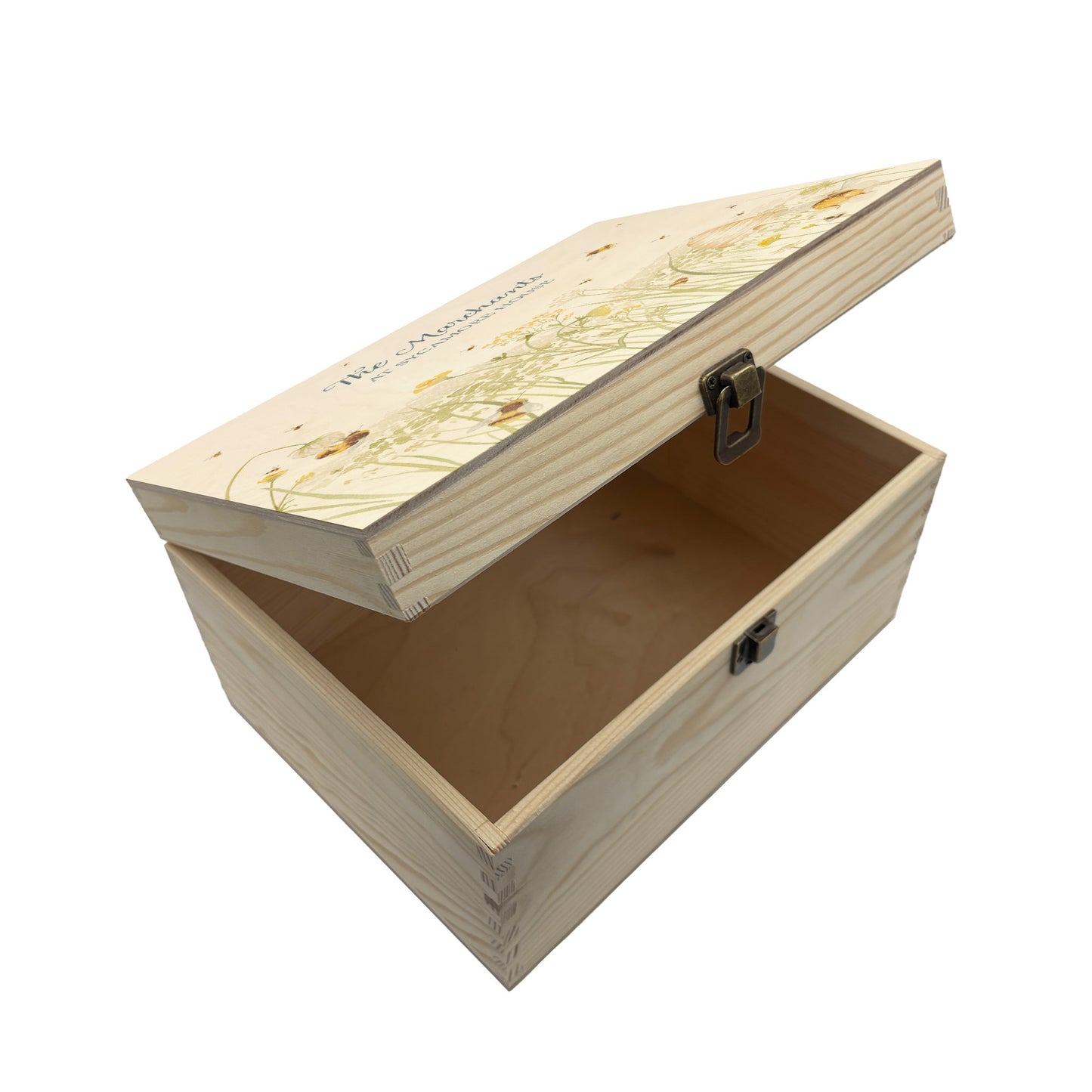 Medium wooden pine gift box, The perfect Personalised keepsake, memory box, storage box with lots of Buzzing Bees in a buttercup meadow with an old fashioned bee skep, this gorgeous design is in our classic  gentle watercolour style.