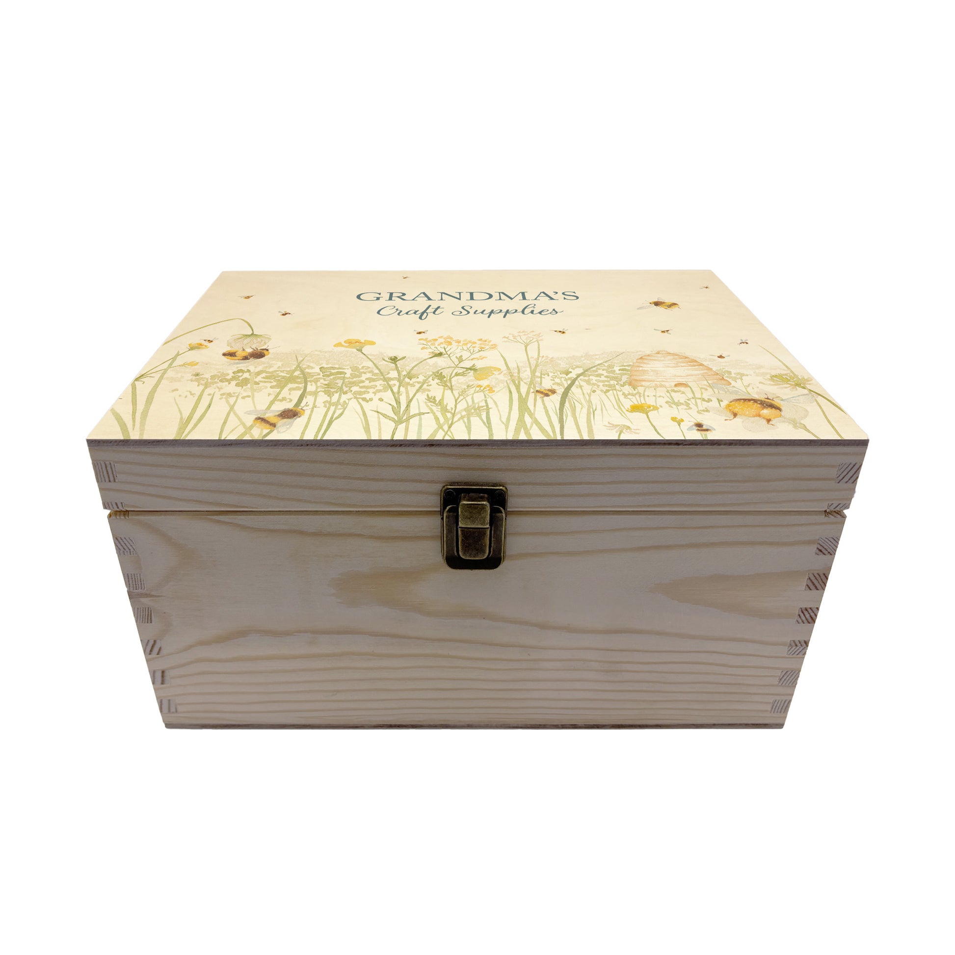 Medium wooden pine gift box, The perfect Personalised keepsake, memory box, storage box with lots of Buzzing Bees in a buttercup meadow with an old fashioned bee skep, this gorgeous design is in our classic  gentle watercolour style.