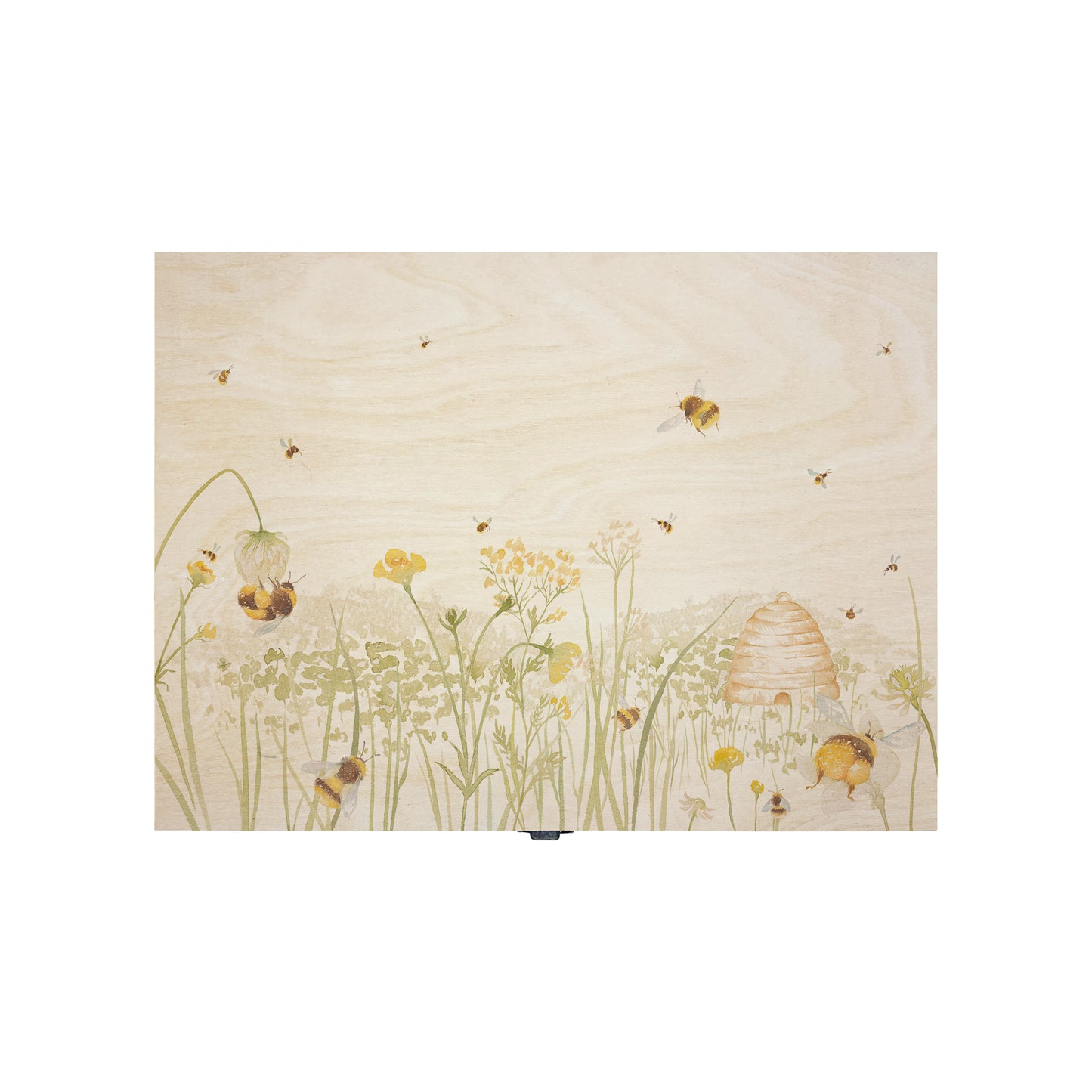 Medium wooden pine gift box, The perfect Personalised keepsake, memory box, storage box with lots of Buzzing Bees in a buttercup meadow with an old fashioned bee skep, this gorgeous design is in our classic  gentle watercolour style.