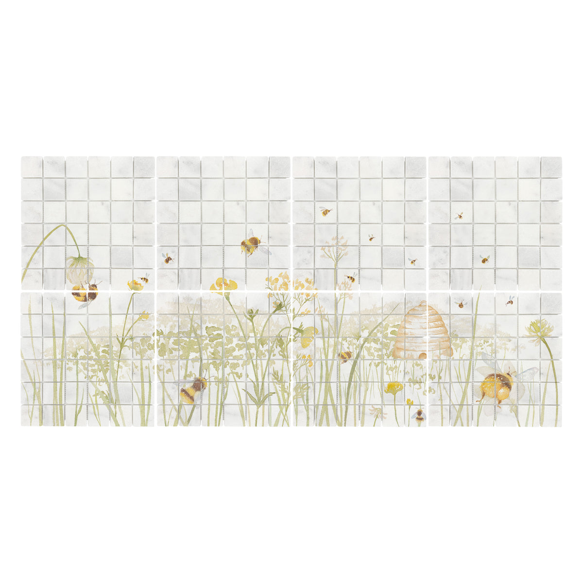 Mosaic tiles featuring a delicate watercolour-style illustration of wildflowers, bees, and a beehive on a white and light grey tile grid background.