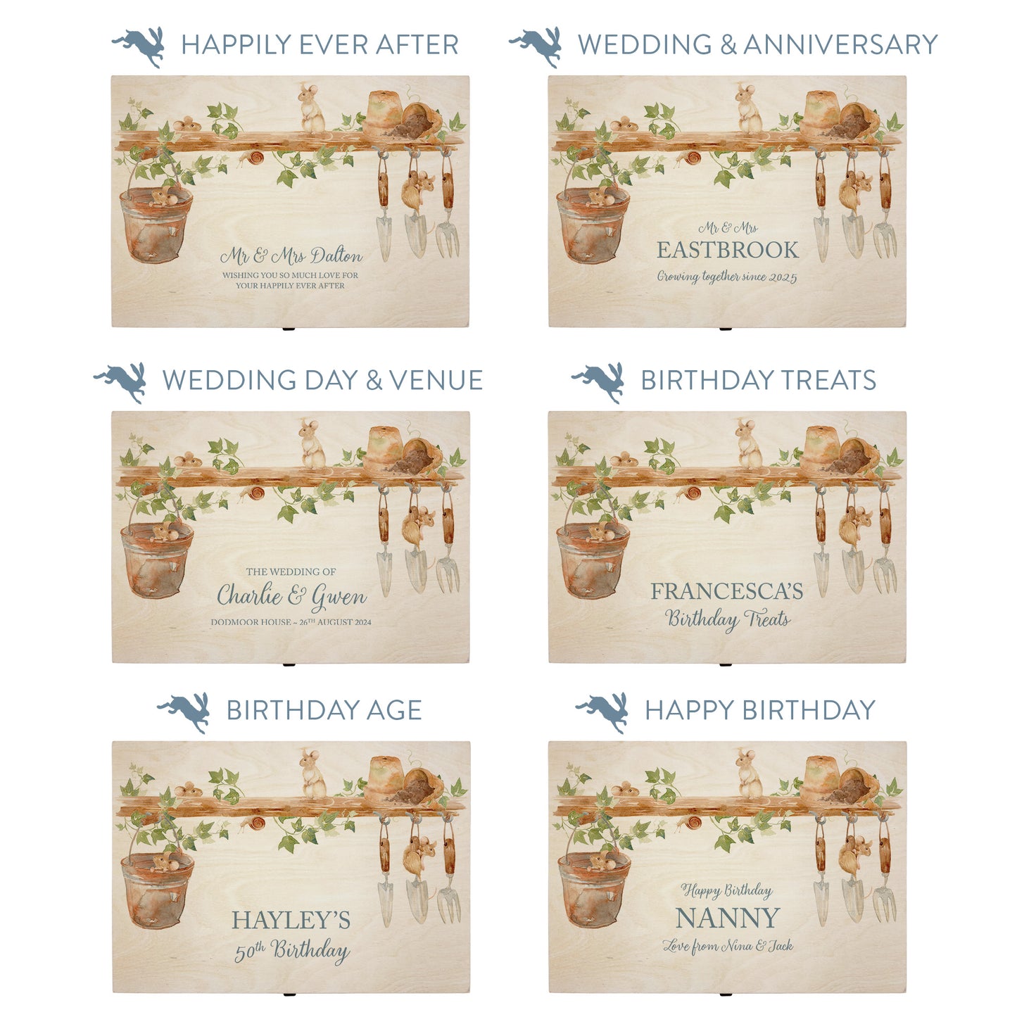 This shows our beautiful Large wooden gift box with the various personalisation options you can choose to offer a truly customised present for a loved one. Couples names, memory boxes, keepsakes, photo storage, key boxes the uses are endless.