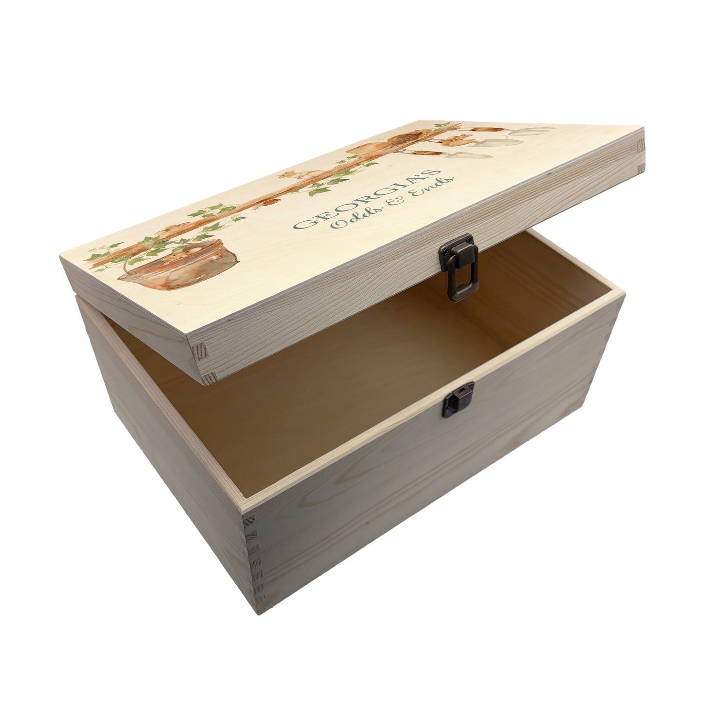 Large wooden pine gift box, The perfect Personalised keepsake, memory box, storage box with some mischievous mice playing on a wooden shelf filled with gardening tools and plant pots, there is also a small snail on the shelf. The design features our classic gentle watercolour style.