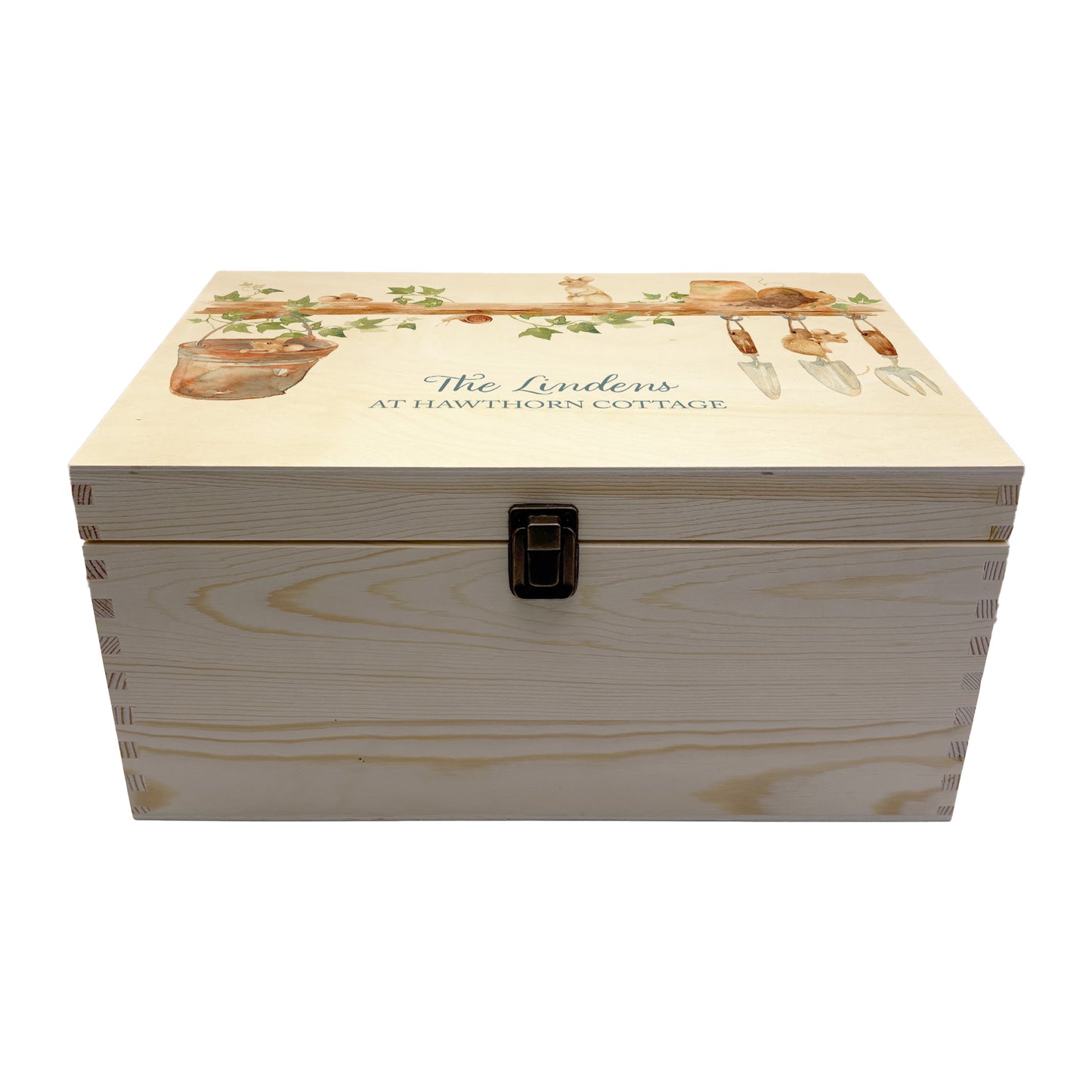 Large wooden pine gift box, The perfect Personalised keepsake, memory box, storage box with some mischievous mice playing on a wooden shelf filled with gardening tools and plant pots, there is also a small snail on the shelf. The design features our classic gentle watercolour style.