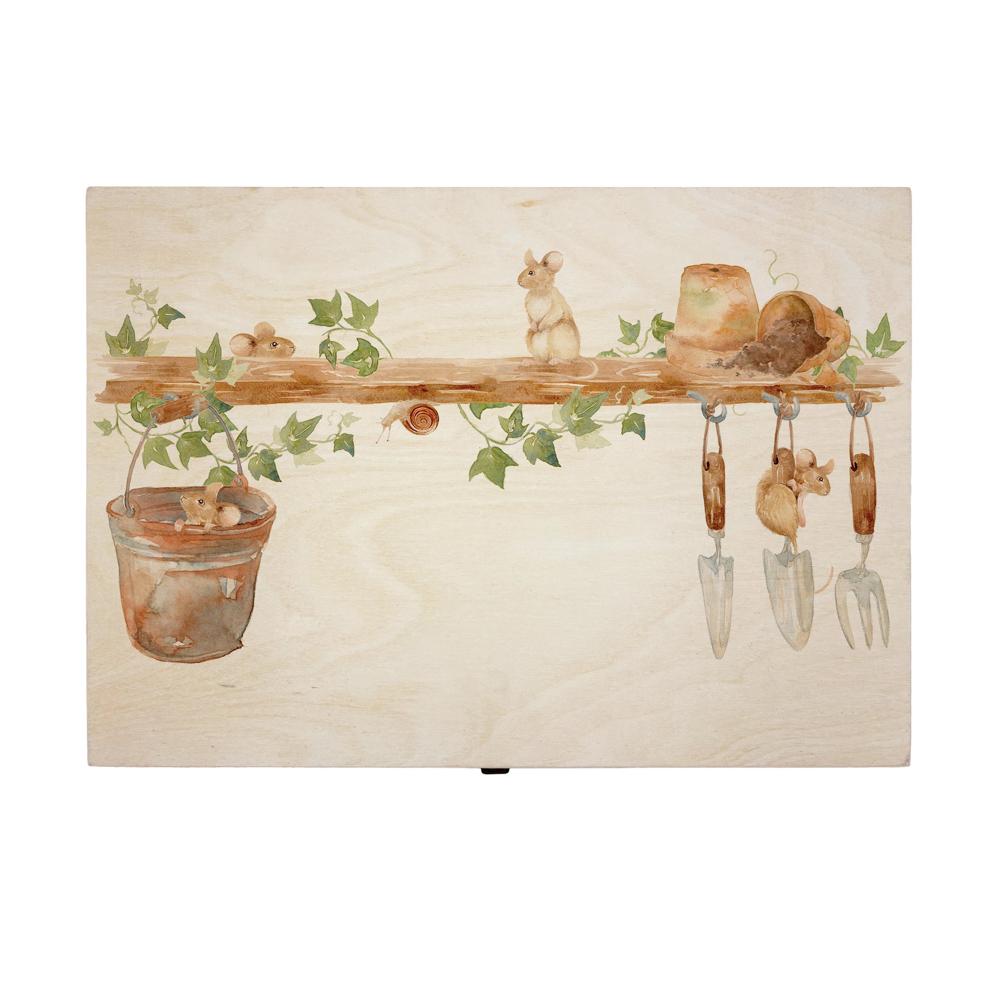 Large wooden pine gift box, The perfect Personalised keepsake, memory box, storage box with  some mischievous mice playing on a wooden shelf filled with gardening tools and plant pots, there is also a small snail on the shelf. The design  features our classic gentle watercolour style.