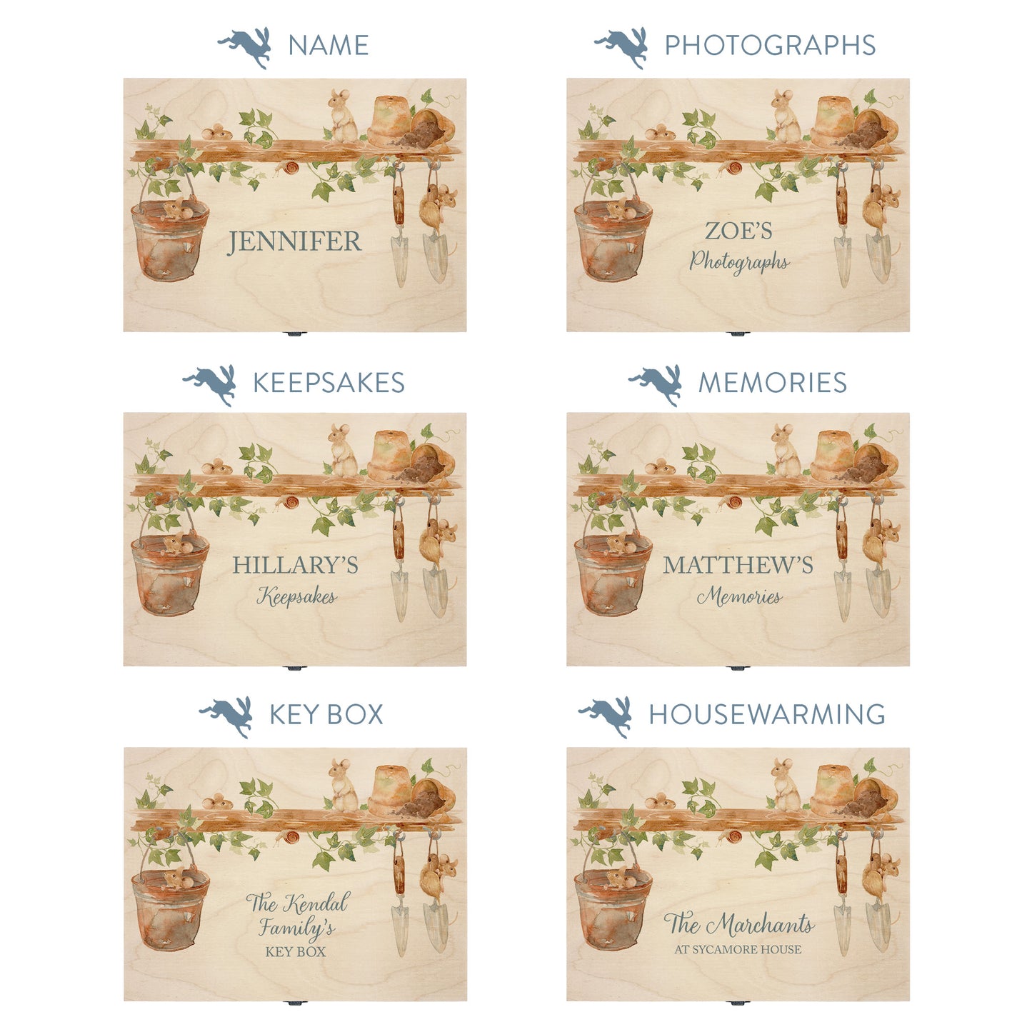 This shows our beautiful Medium  wooden  gift box with the various personalisation options you can choose to offer a truly customised present for a loved one. Couples names, memory boxes, keepsakes, photo storage, key boxes the uses are endless.