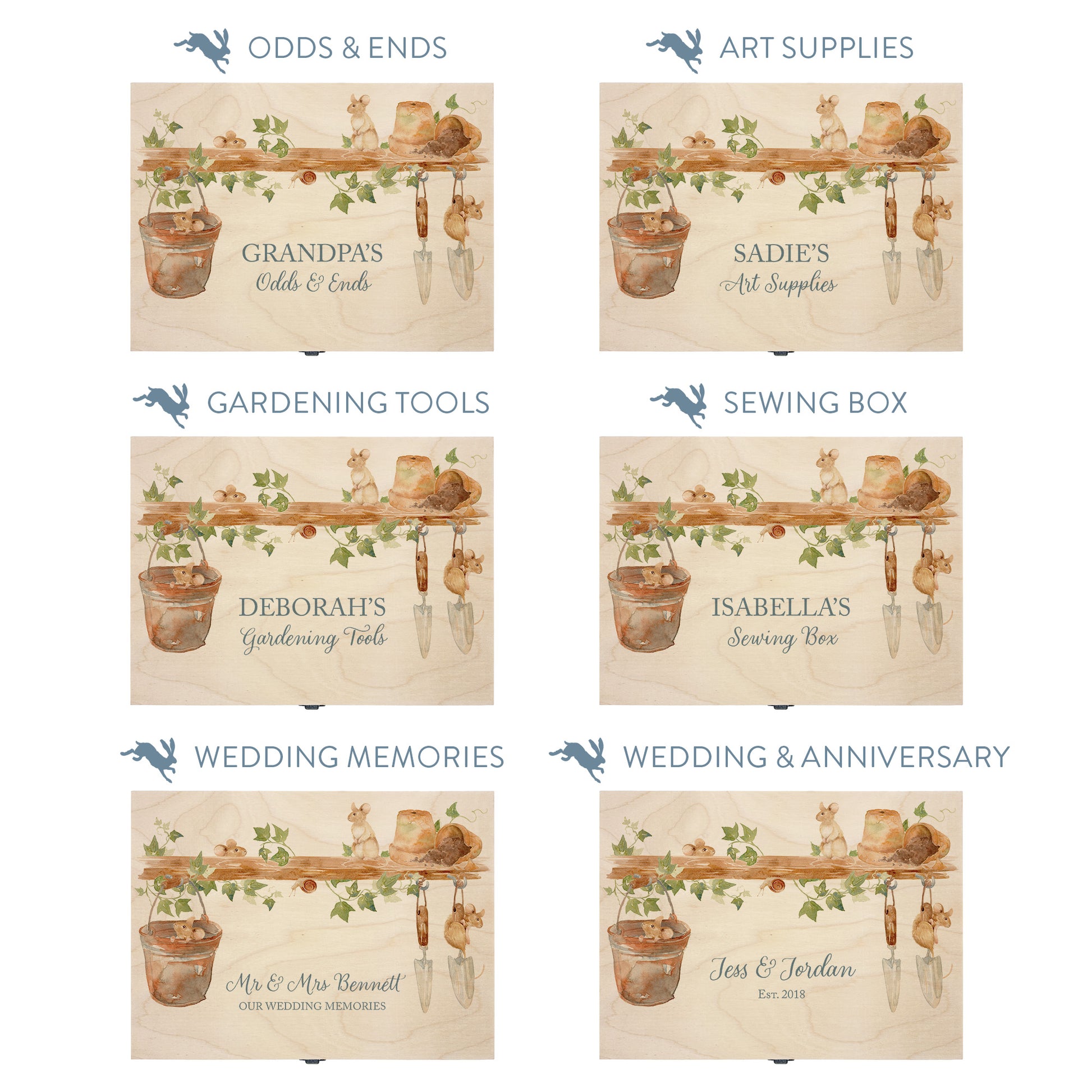 This shows our beautiful Medium  wooden  gift box with the various personalisation options you can choose to offer a truly customised present for a loved one. Couples names, memory boxes, keepsakes, photo storage, key boxes the uses are endless.