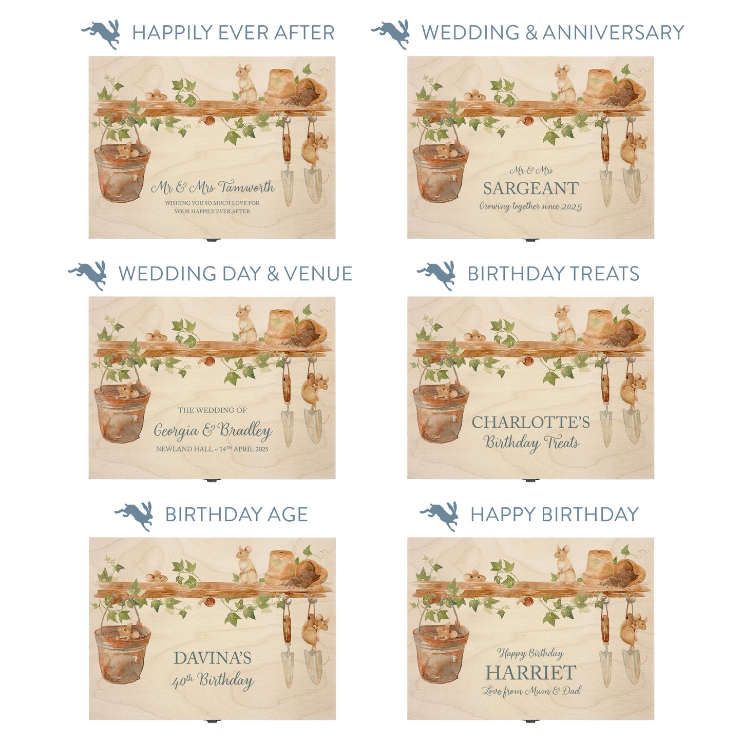 This shows our beautiful Medium  wooden  gift box with the various personalisation options you can choose to offer a truly customised present for a loved one. Couples names, memory boxes, keepsakes, photo storage, key boxes the uses are endless.