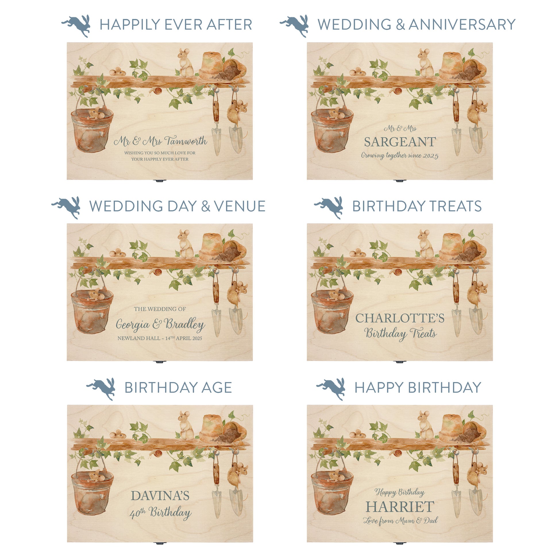 This shows our beautiful Medium  wooden  gift box with the various personalisation options you can choose to offer a truly customised present for a loved one. Couples names, memory boxes, keepsakes, photo storage, key boxes the uses are endless.